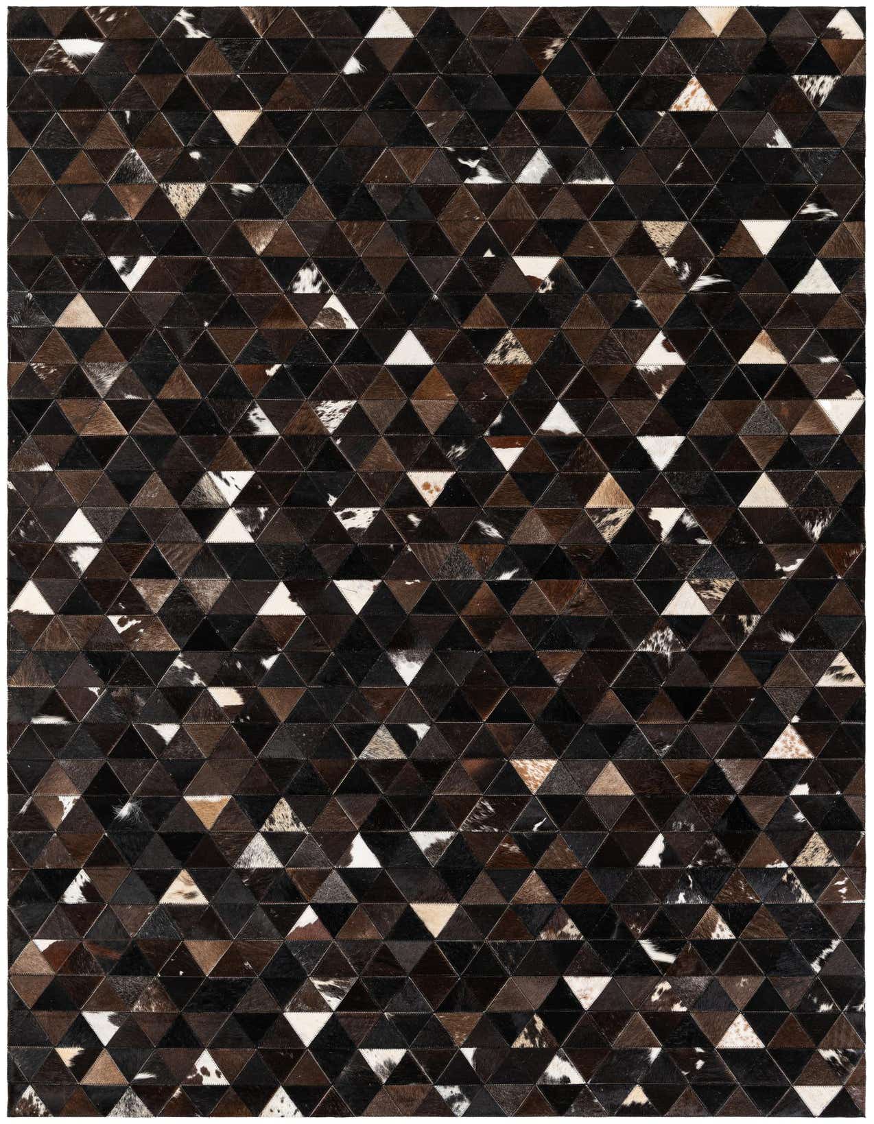A 5x8 rectangular Cowhide Stocks rug featuring a modern geometric pattern of brown, tan, and white triangular cowhide patches.