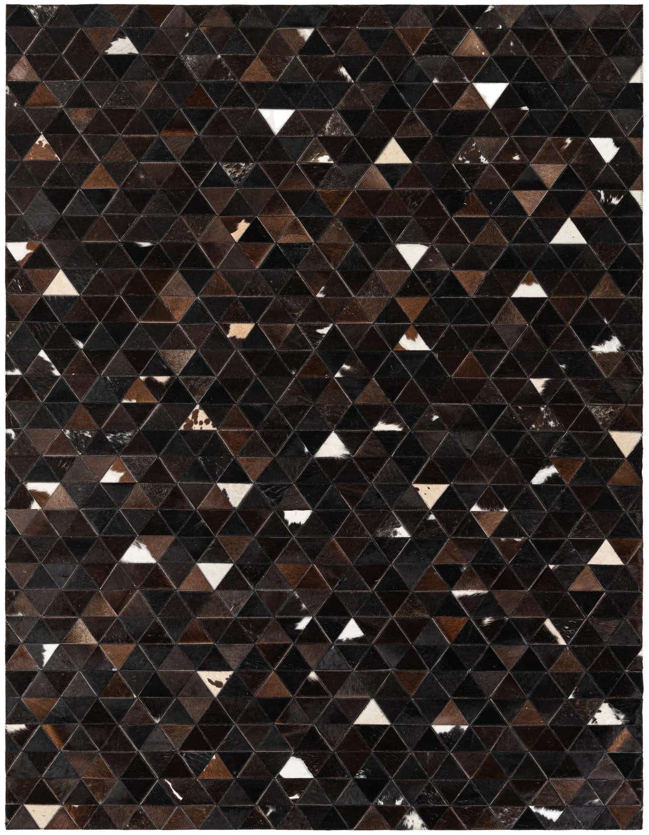 A 5x8 rectangular Cowhide Stocks rug featuring a modern geometric pattern of brown, tan, and white triangular cowhide patches.