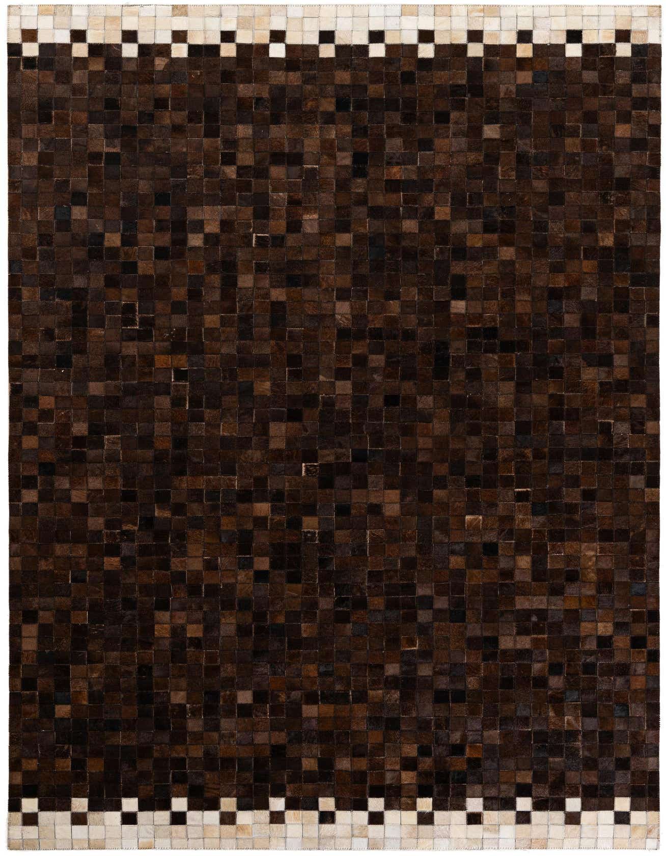 A 5x8 rectangular Cowhide Stocks rug featuring a modern patchwork of brown and tan squares with a white checkered border.