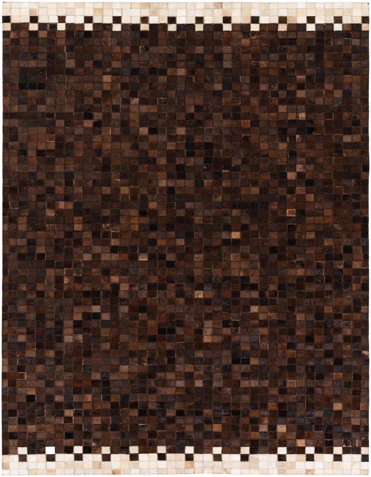A 5x8 rectangular Cowhide Stocks rug featuring a modern mosaic pattern of various brown and tan cowhide squares, with a checkerboard border.