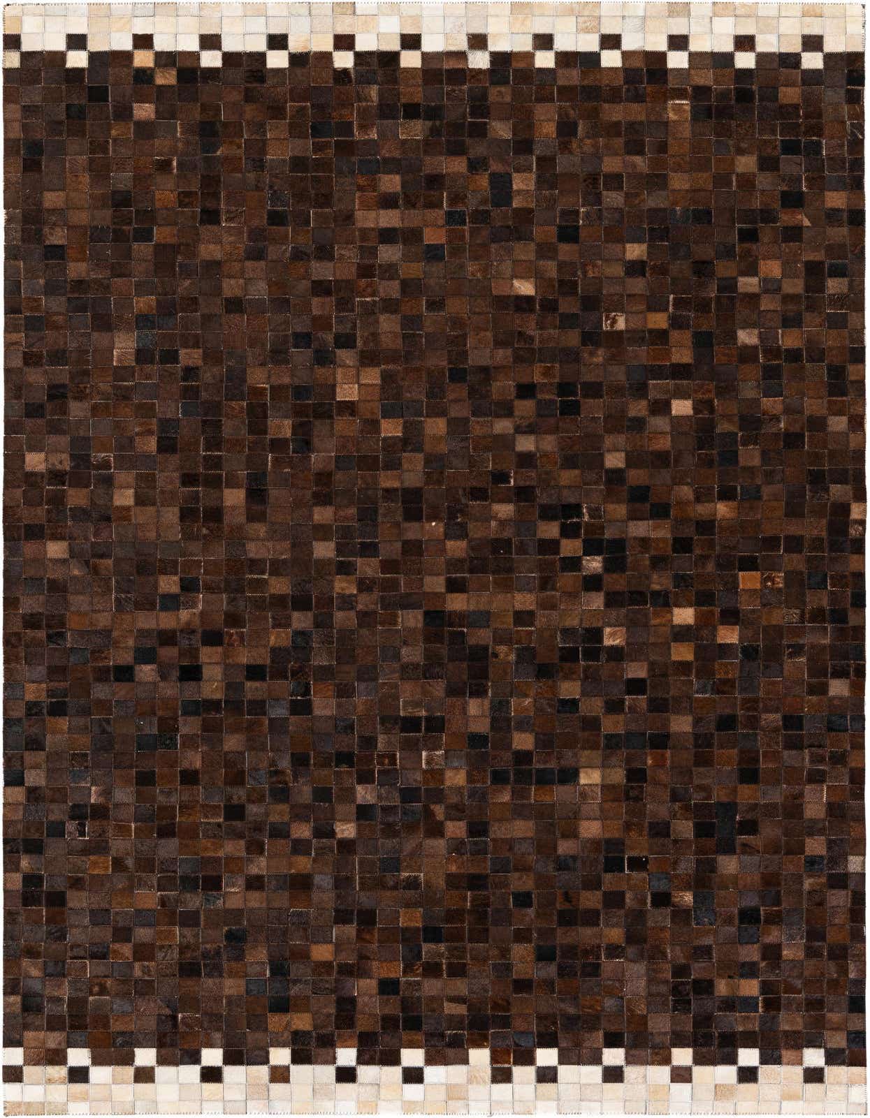 A 5x8 rectangular Cowhide Stocks rug featuring a modern patchwork of brown and tan squares with a checkered border.