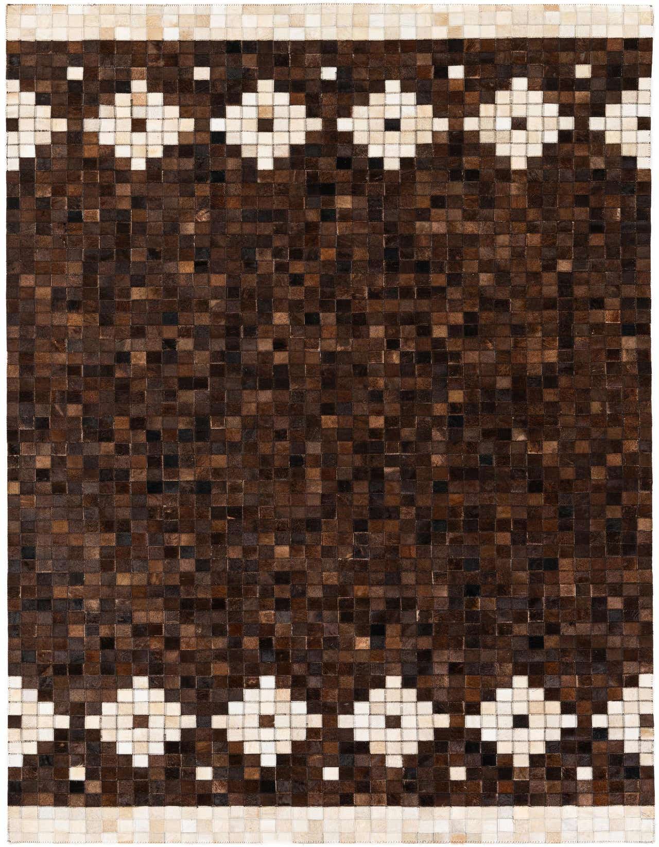 A 5x8 rectangular Cowhide Stocks rug featuring a modern pattern of brown and tan patchwork squares with decorative diamond borders.
