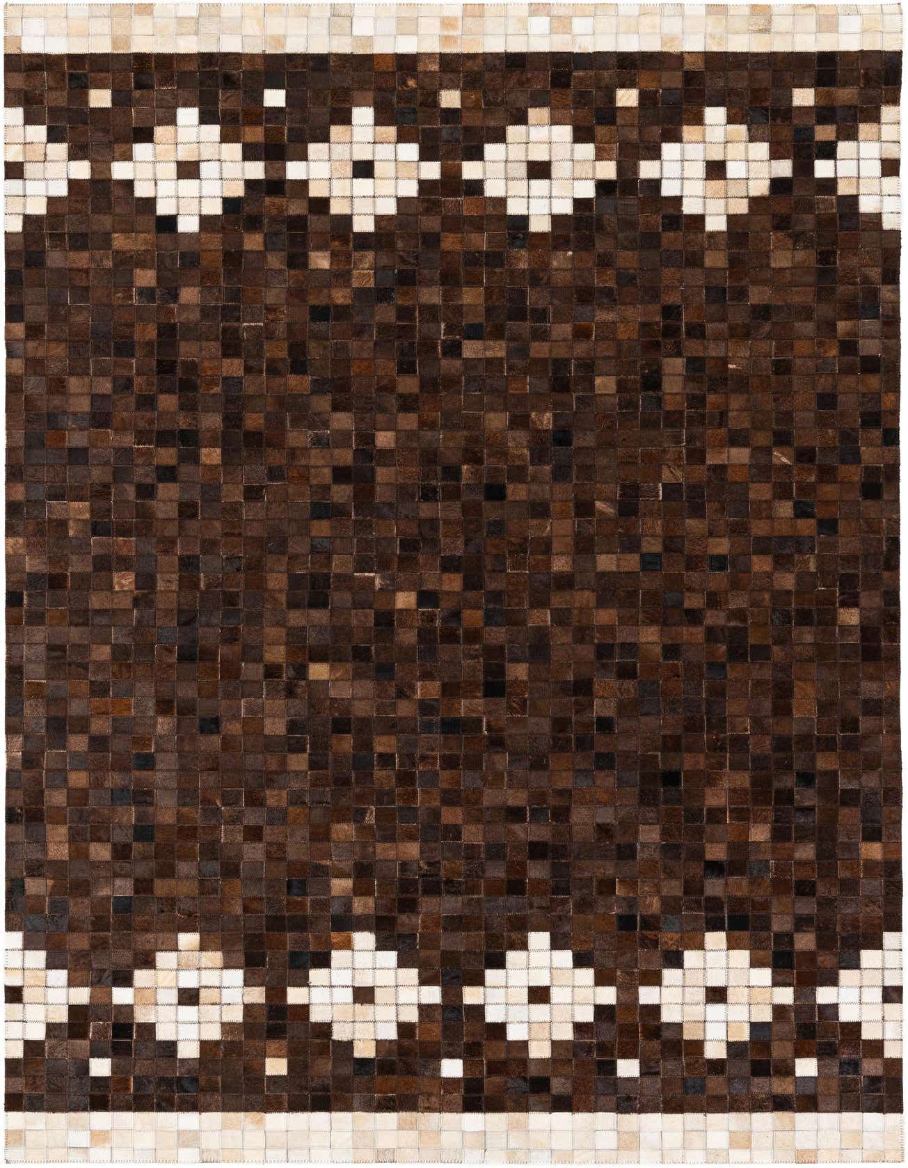A 5x8 rectangular Cowhide Stocks rug featuring a modern pattern of brown and tan patchwork squares with decorative white diamond borders.