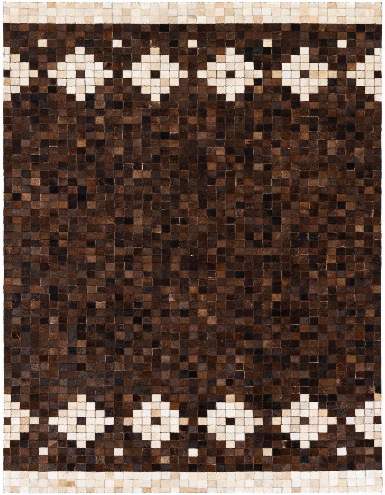A rectangular 5x8 brown and tan cowhide rug with a modern geometric pattern, ideal for a living room.