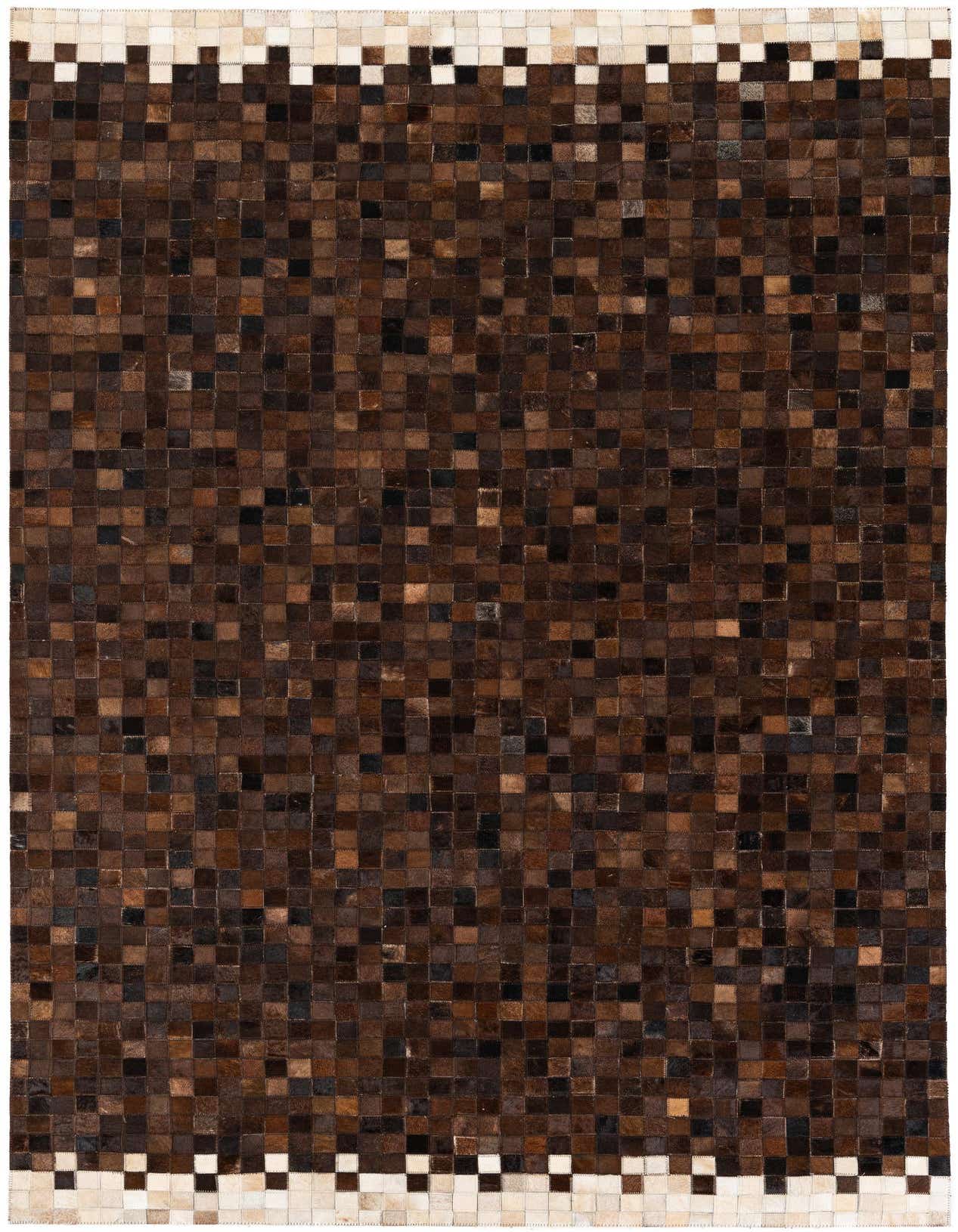 A 5x8 rectangular Cowhide Stocks rug featuring a patchwork geometric pattern in varying shades of brown and tan, with a border of lighter squares.