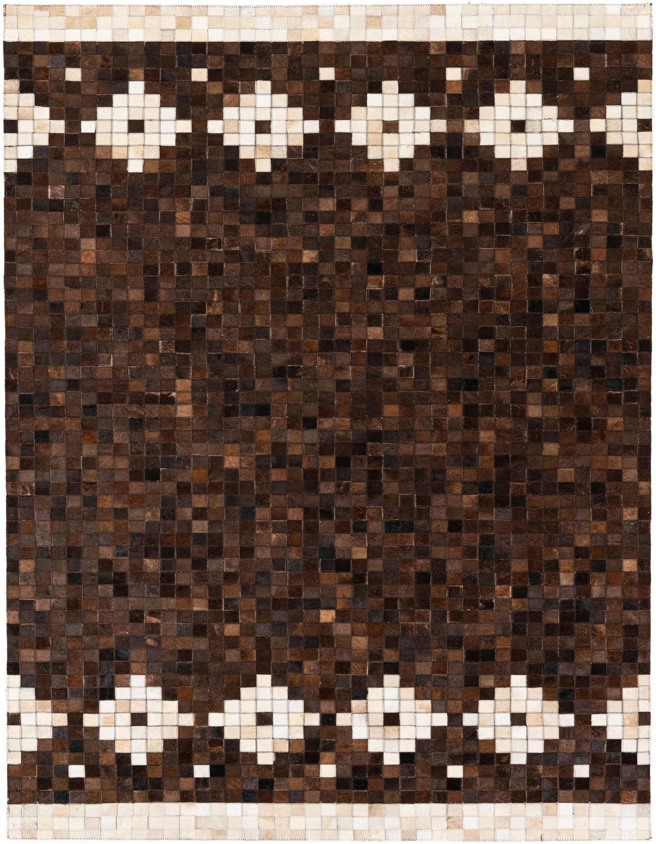 A 5x8 rectangular Cowhide Stocks rug featuring a modern pattern of brown and tan patchwork squares with white diamond borders.