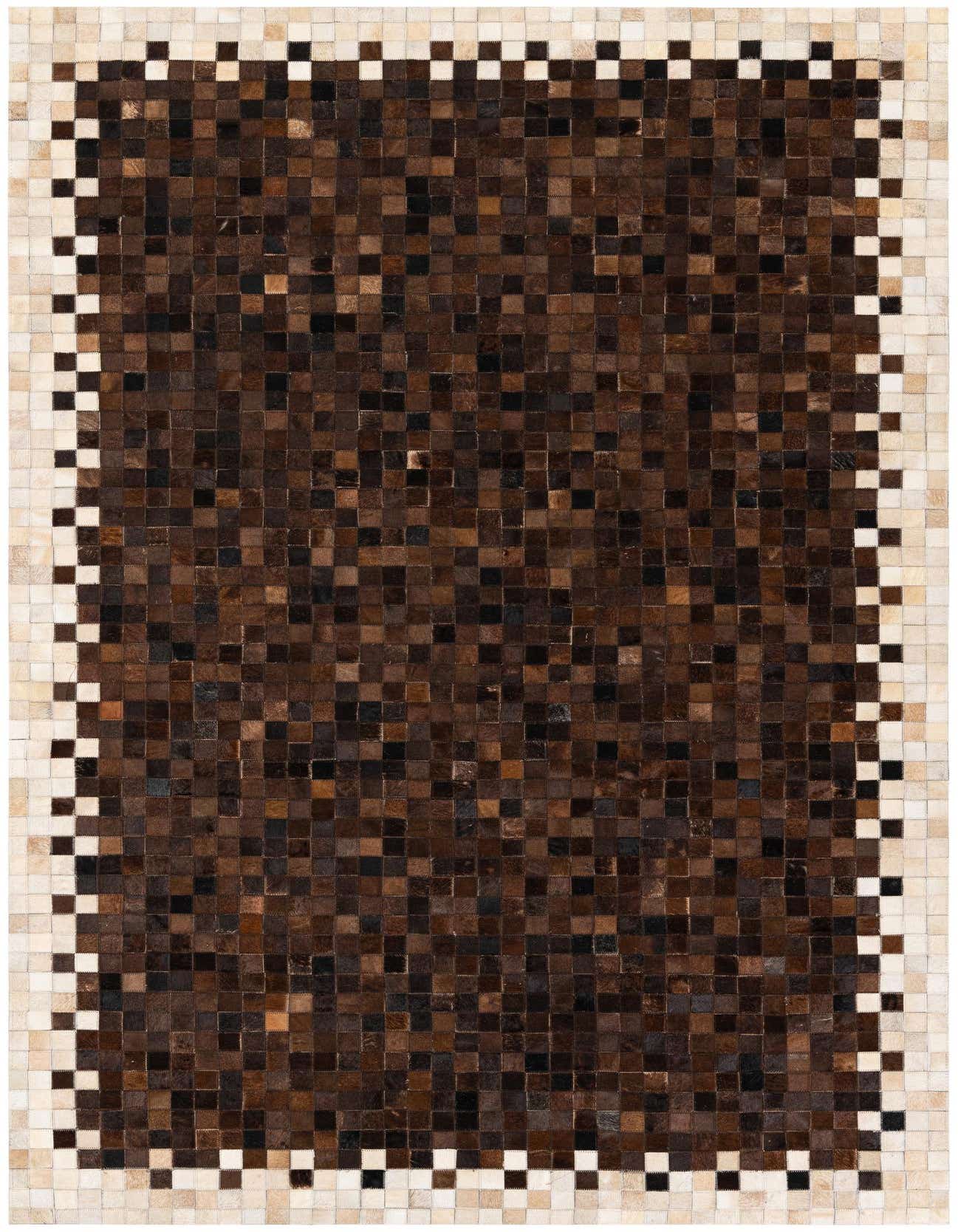A rectangular 5x8 modern rug made from brown and tan cowhide squares, featuring a checkerboard border.