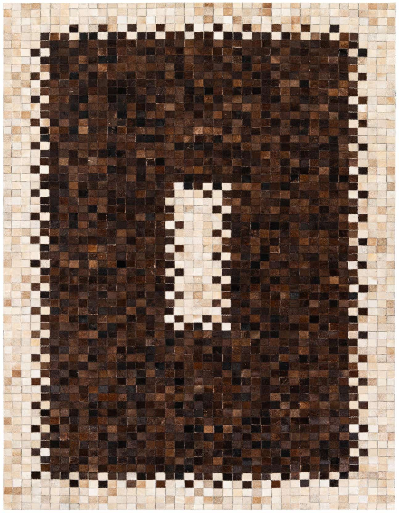 A 5x8 rectangular Cowhide Stocks rug featuring a modern mosaic pattern of brown and tan squares, ideal for a living room.