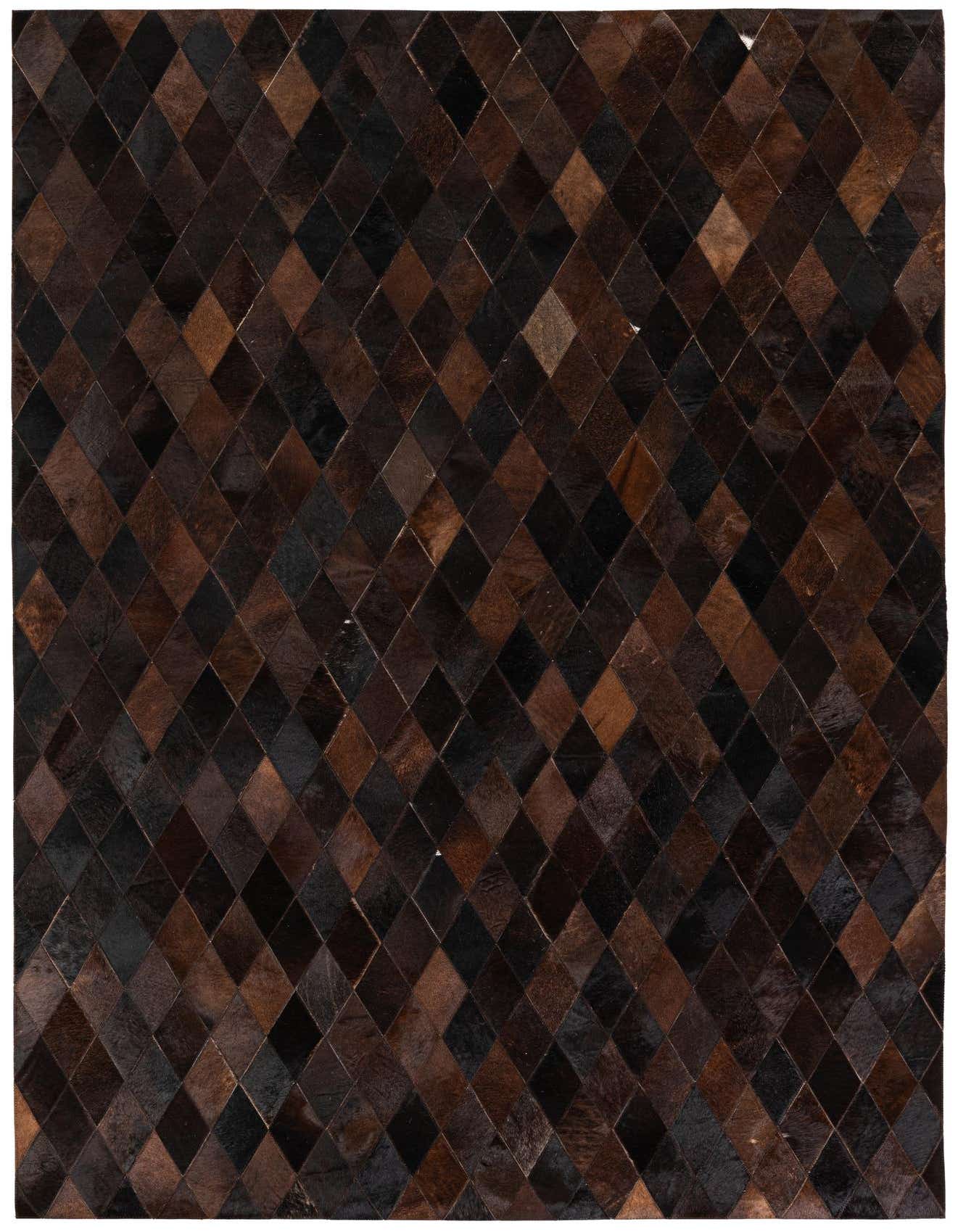 A 5x8 rectangular Cowhide Stocks rug featuring a modern diamond pattern in varying shades of brown and tan.