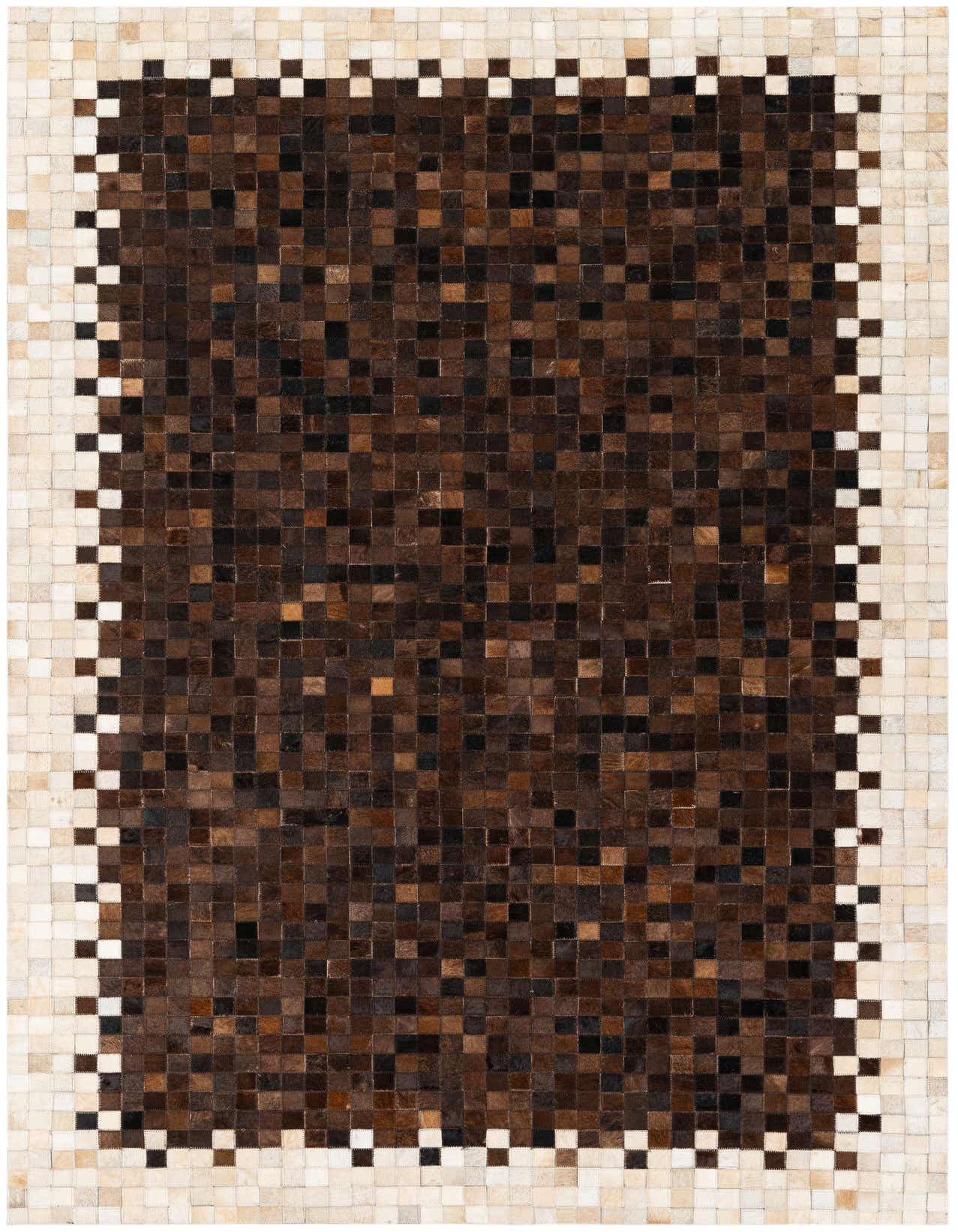 A rectangular 5x8 modern cowhide rug with a central field of dark brown and tan squares, bordered by lighter tan and white squares.