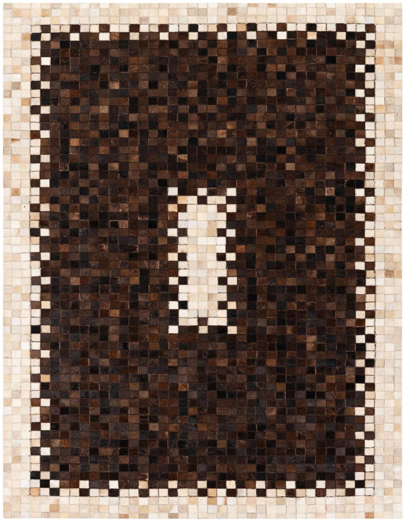 A 5x8 rectangular Cowhide Stocks rug featuring a modern mosaic pattern of brown and tan cowhide squares with a light border.