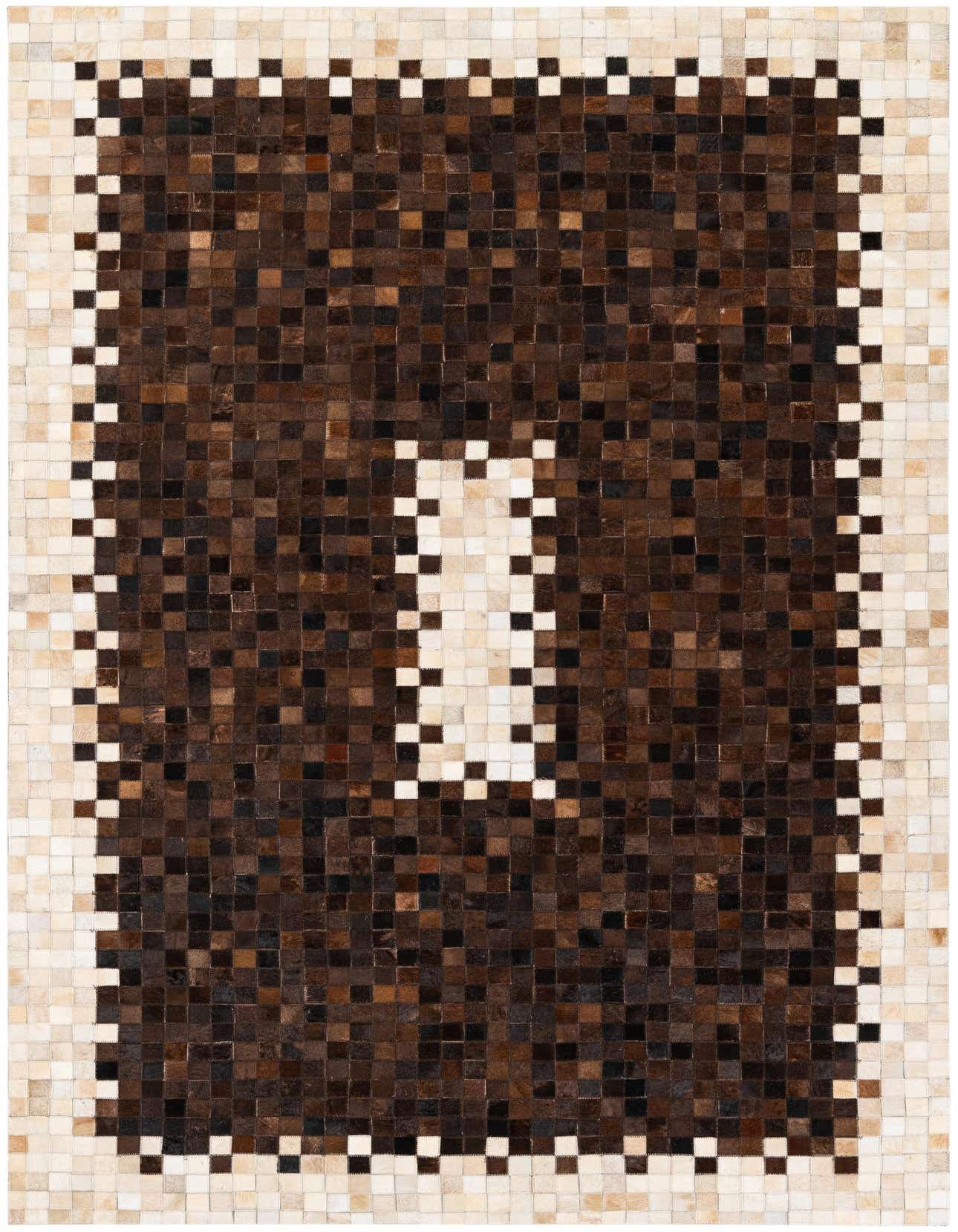 A 5x8 rectangular Cowhide Stocks rug featuring a modern pattern of small brown and tan squares with a central light tan rectangular outline.