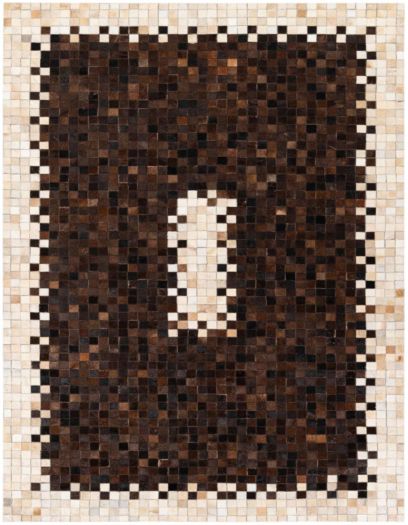 A 5x8 rectangular Cowhide Stocks rug in browns and tans, featuring a modern checkered pattern with a light border and a central light 'I' shape.