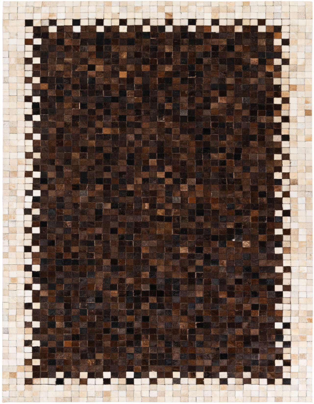 A rectangular 5x8 Cowhide Stocks rug featuring a modern patchwork design in varying shades of brown and tan, with a checkered border.