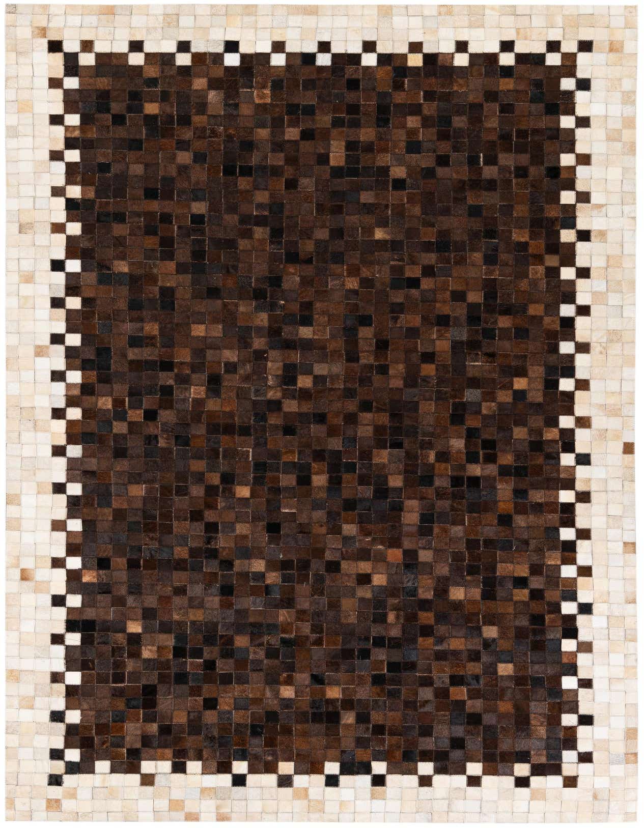 A 5x8 rectangular Cowhide Stocks rug featuring a modern patchwork design in varying shades of brown and tan, with a checkered border.