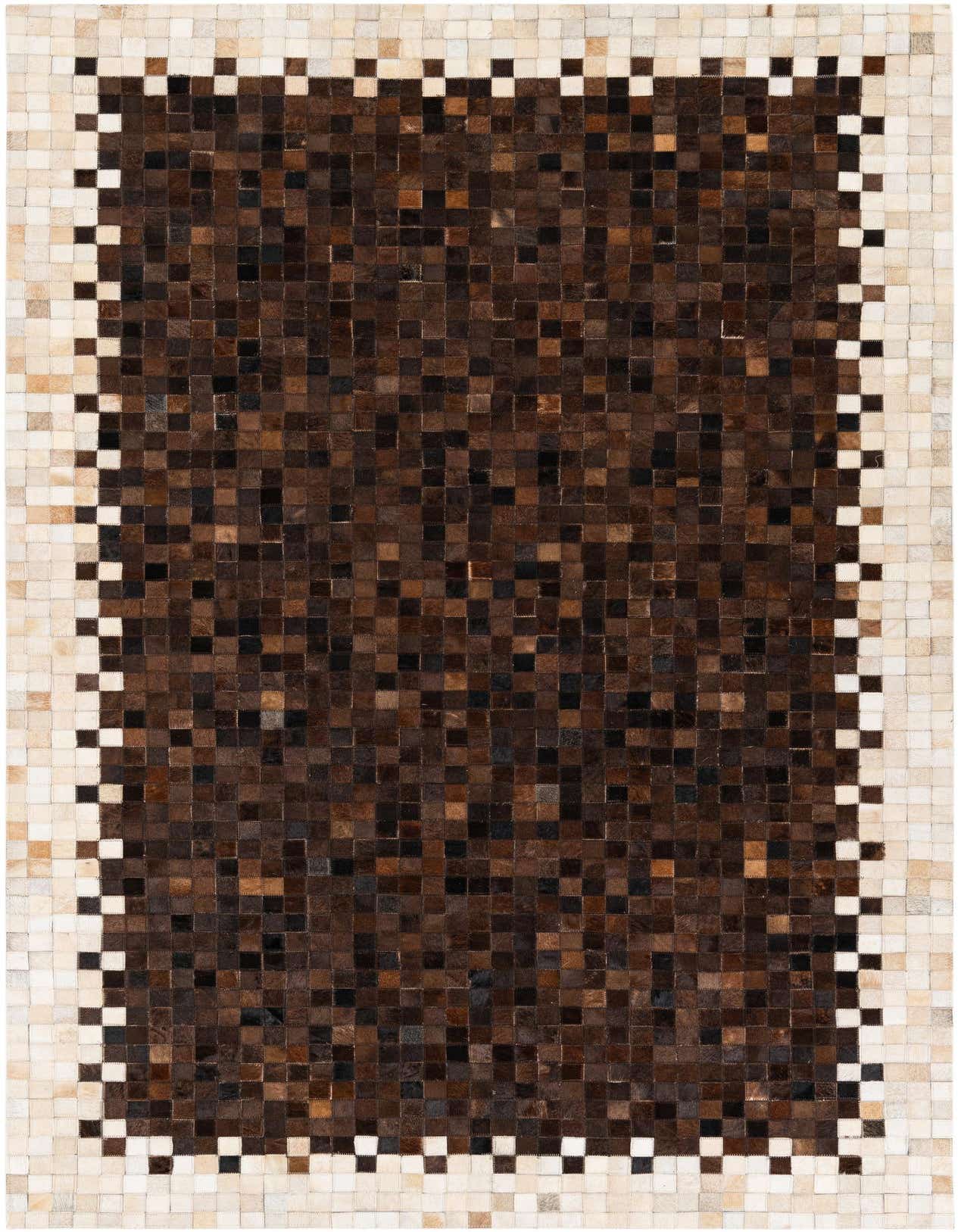 A 5x8 rectangular Cowhide Stocks rug featuring a modern patchwork of brown and tan squares with a lighter border.