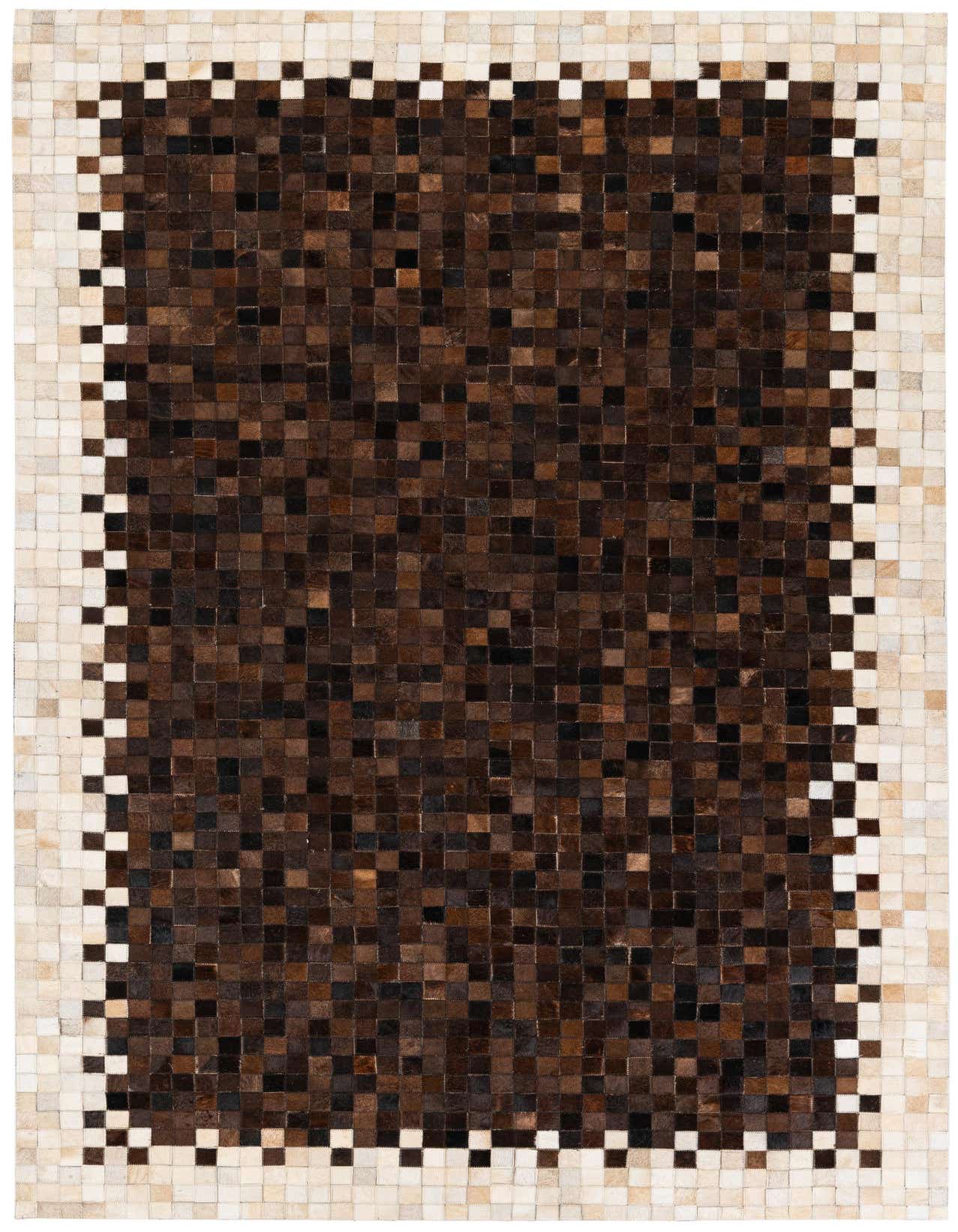 A 5x8 rectangular Cowhide Stocks rug featuring a modern mosaic pattern of brown and tan cowhide squares.