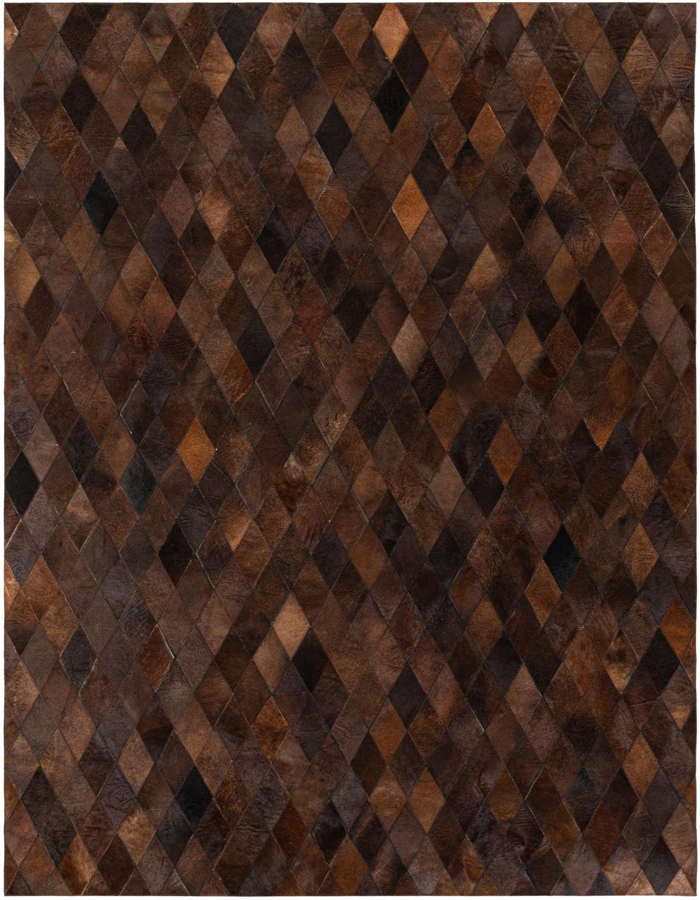 A 5x8 rectangular Cowhide Stocks rug by Rugs.com featuring a geometric patchwork of various brown and tan diamond-shaped cowhide pieces.