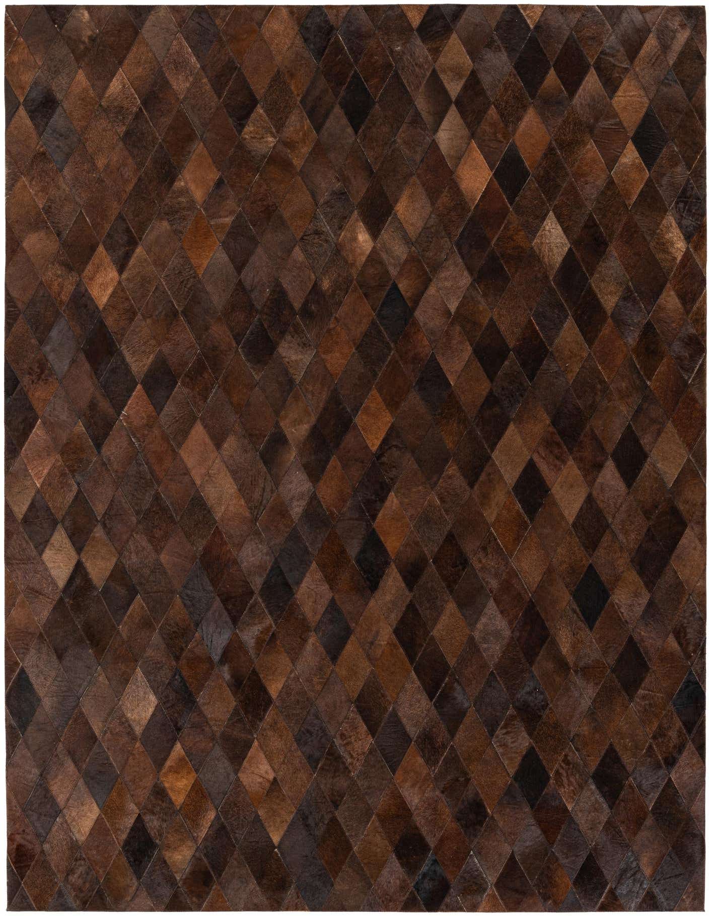 A 5x8 rectangular Cowhide Stocks rug featuring a modern diamond pattern in various shades of brown and tan.