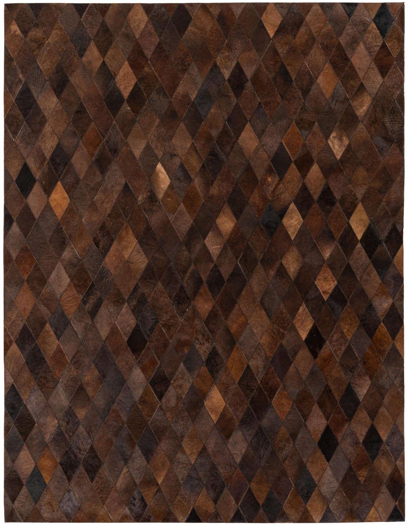 A 5x8 rectangular Cowhide Stocks rug featuring a modern diamond pattern in various shades of brown and tan.