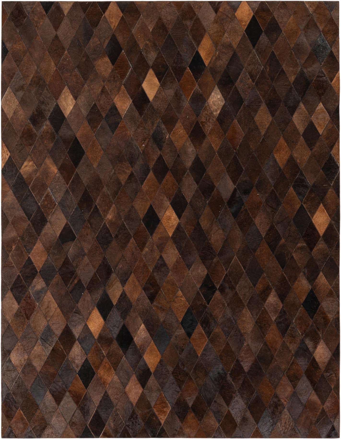A 5x8 rectangular Cowhide Stocks rug featuring a modern diamond pattern in various shades of brown and tan.