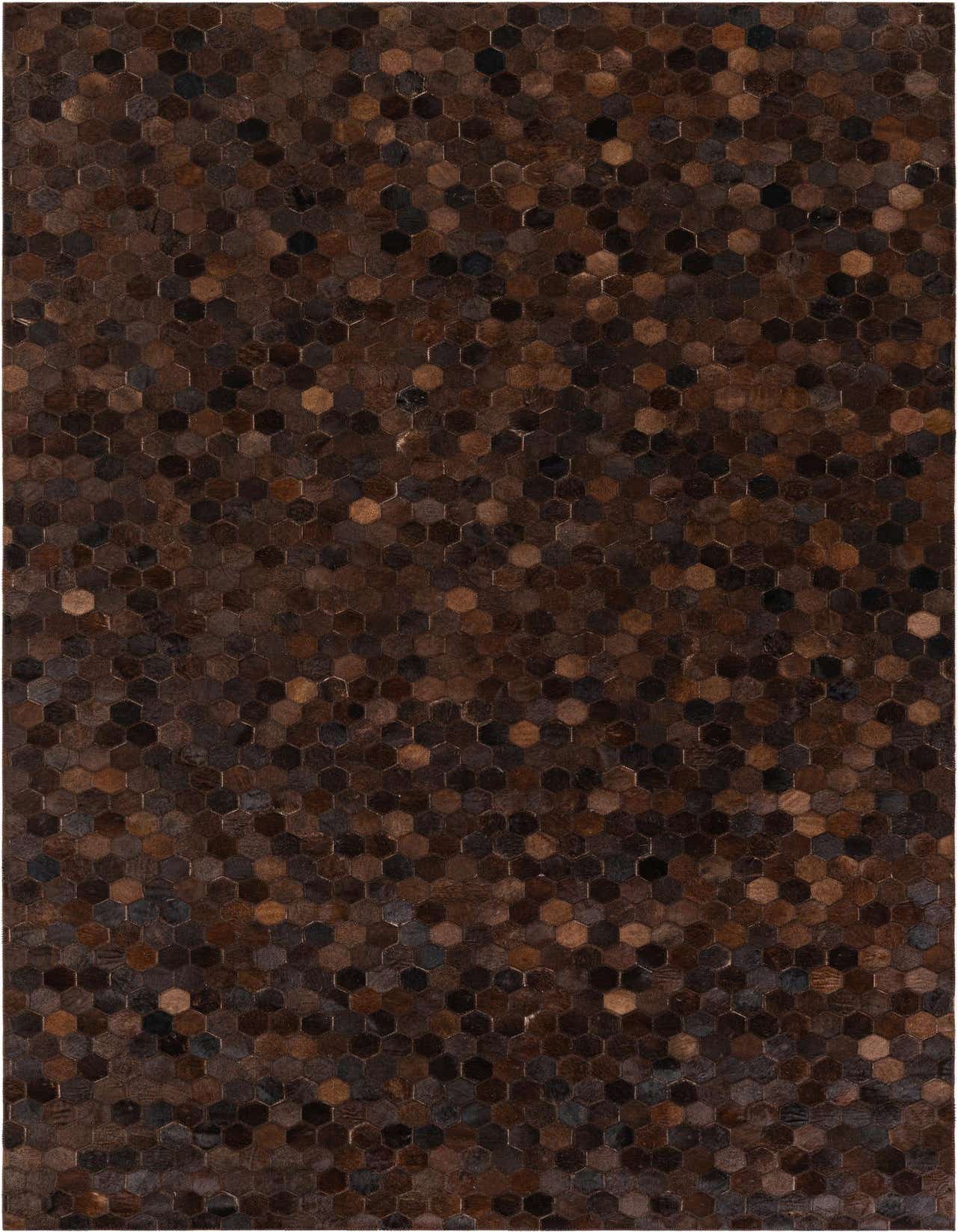A 5x8 rectangular Cowhide Stocks rug in varying shades of brown and tan, featuring a modern hexagonal patchwork pattern, ideal for a living room or bedroom.
