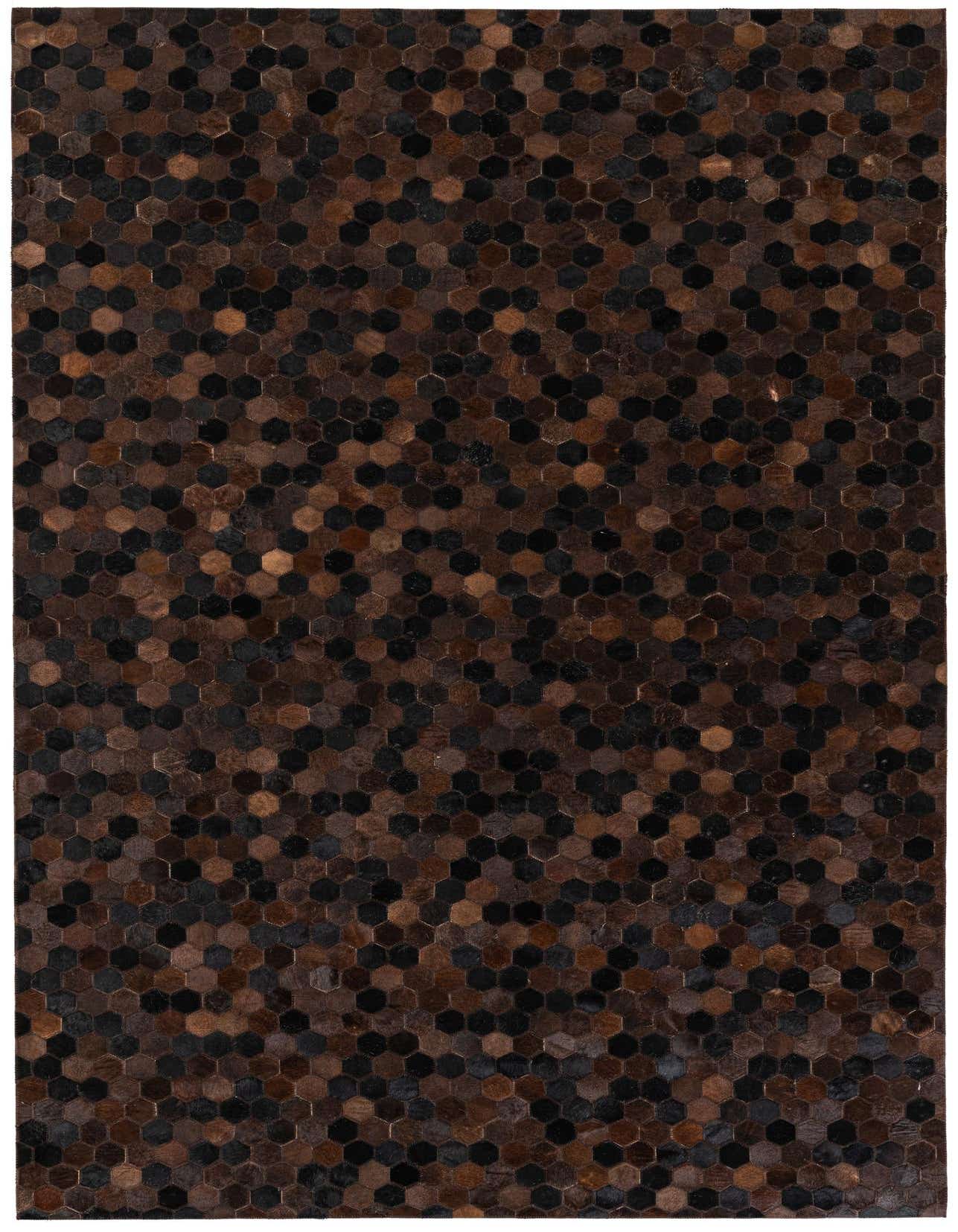 A 5x8 rectangular Cowhide Stocks rug from Rugs.com featuring a modern hexagonal patchwork pattern in various shades of brown and tan.