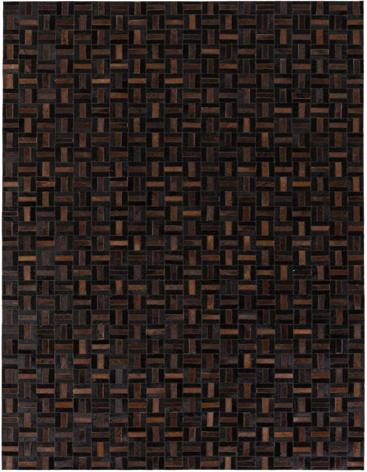 A 5x8 rectangular brown patchwork cowhide rug with a geometric pattern of varying brown and tan leather rectangles.