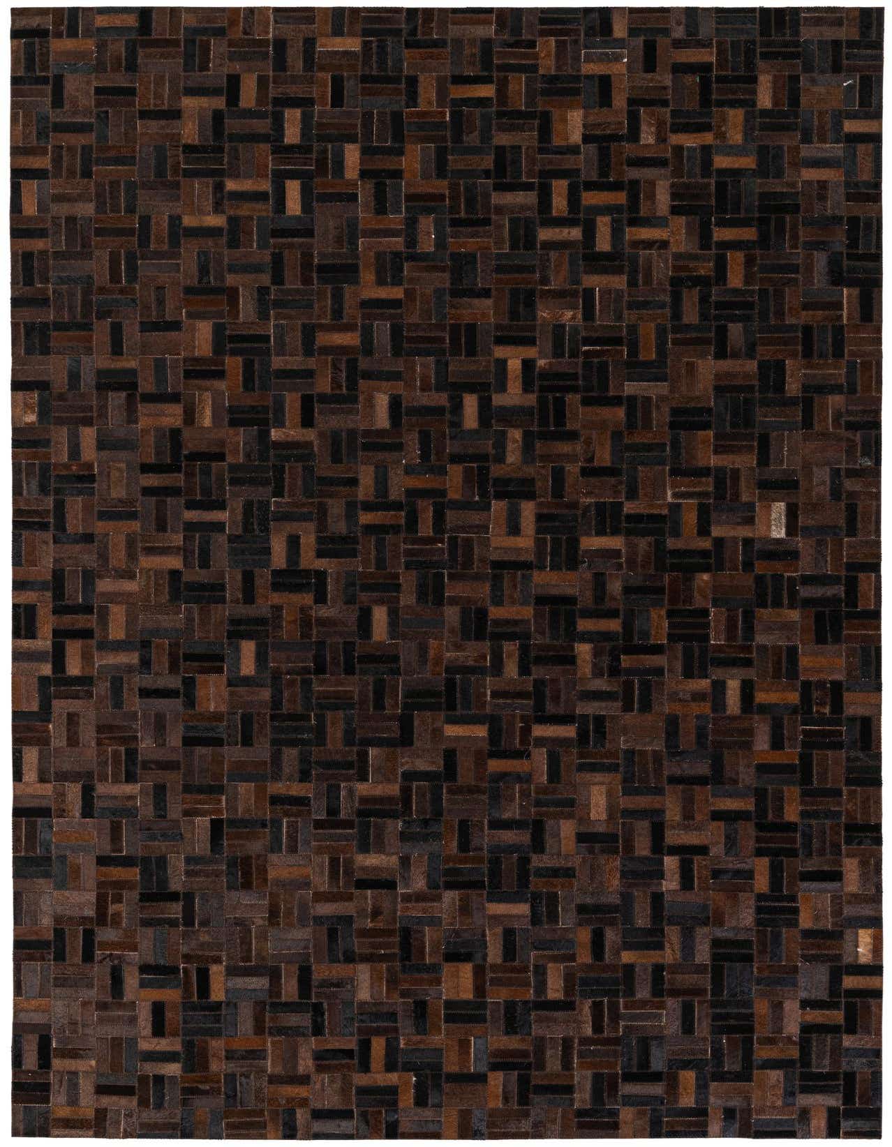 A 5x8 rectangular Cowhide Stocks rug featuring a modern patchwork pattern of varied brown and tan cowhide and leather rectangles.