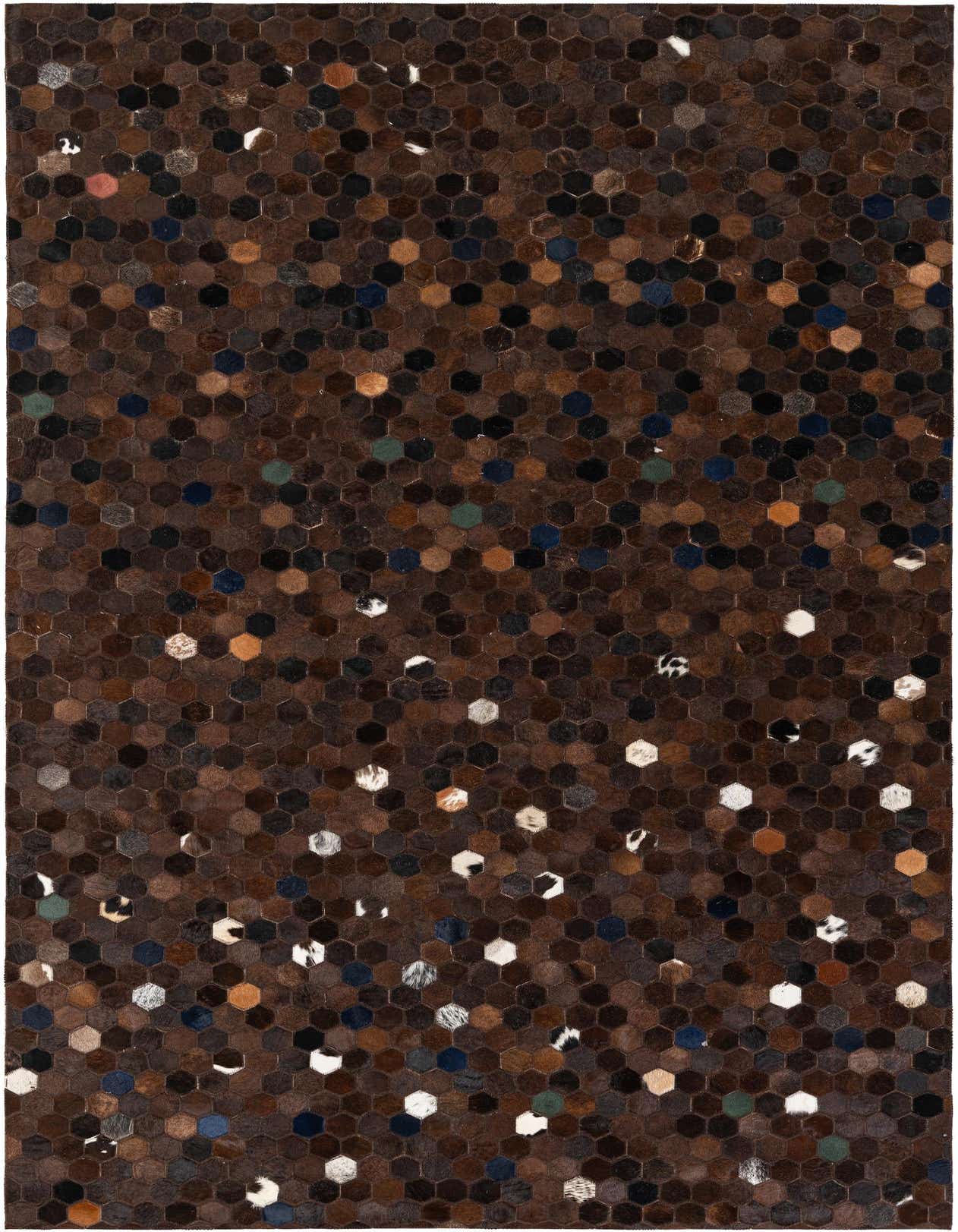 A 5x8 rectangular Cowhide Stocks rug featuring a modern hexagonal pattern in various shades of brown, tan, black, white, blue, and green.