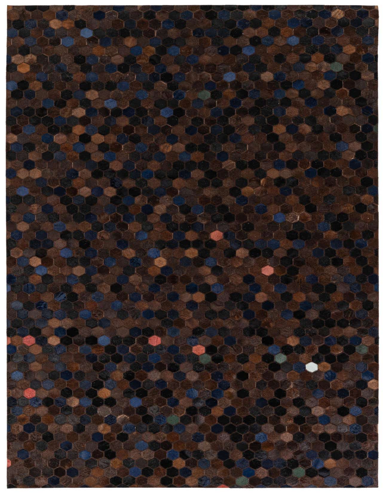 A 5x8 rectangular Cowhide Stocks rug featuring a modern honeycomb pattern in various shades of brown, tan, black, and blue, with occasional red and green accents.
