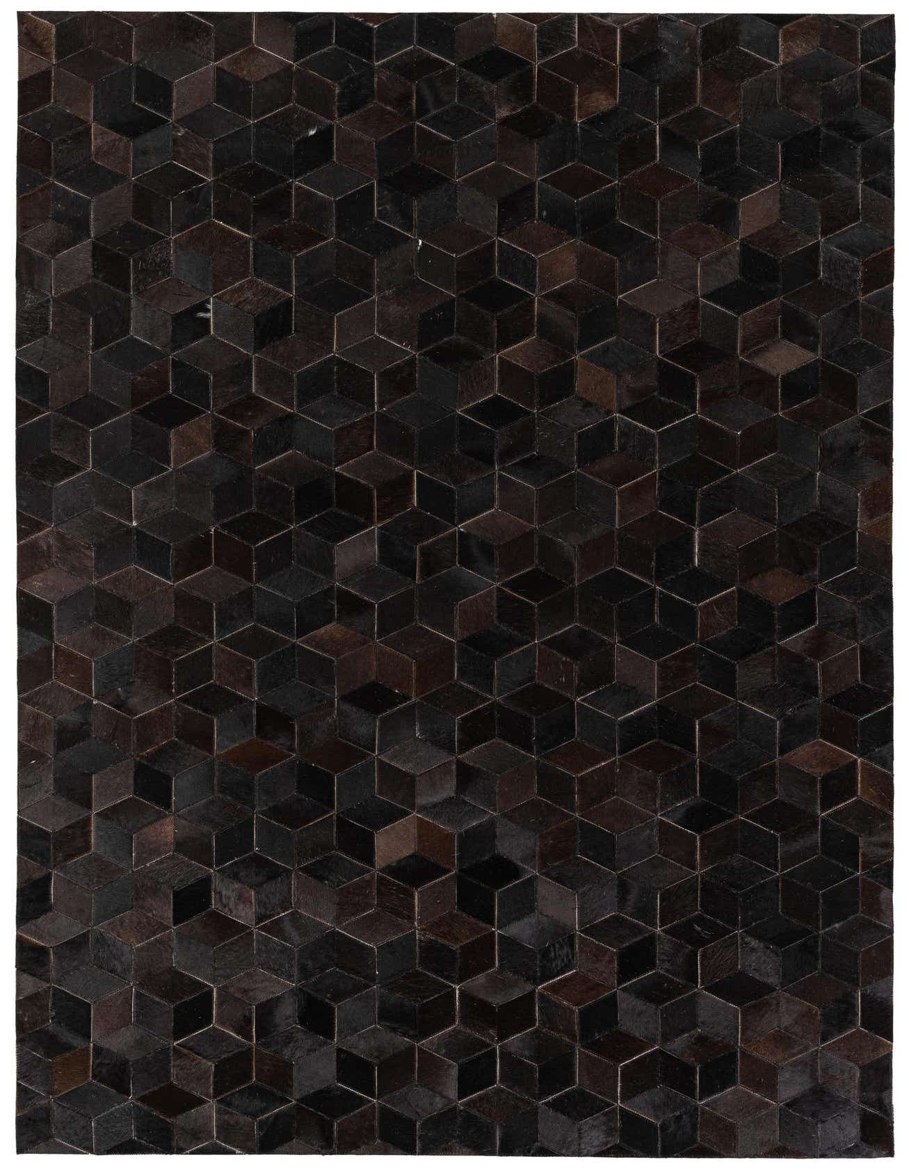 A 5x8 rectangular Cowhide Stocks rug by Rugs.com featuring a modern geometric cube pattern in varying shades of brown and tan.