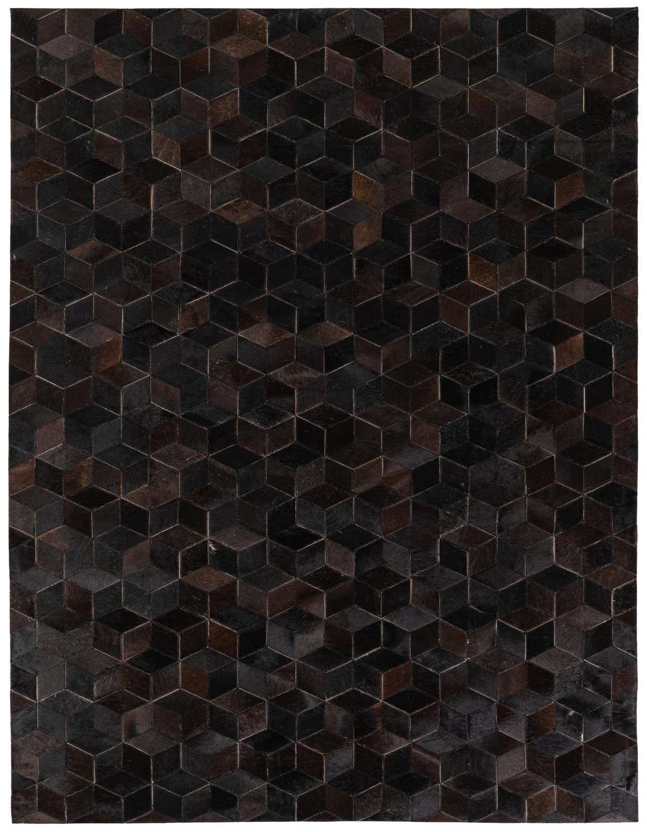 A rectangular 5x8 modern area rug featuring a geometric cube pattern in varying shades of brown and tan cowhide.