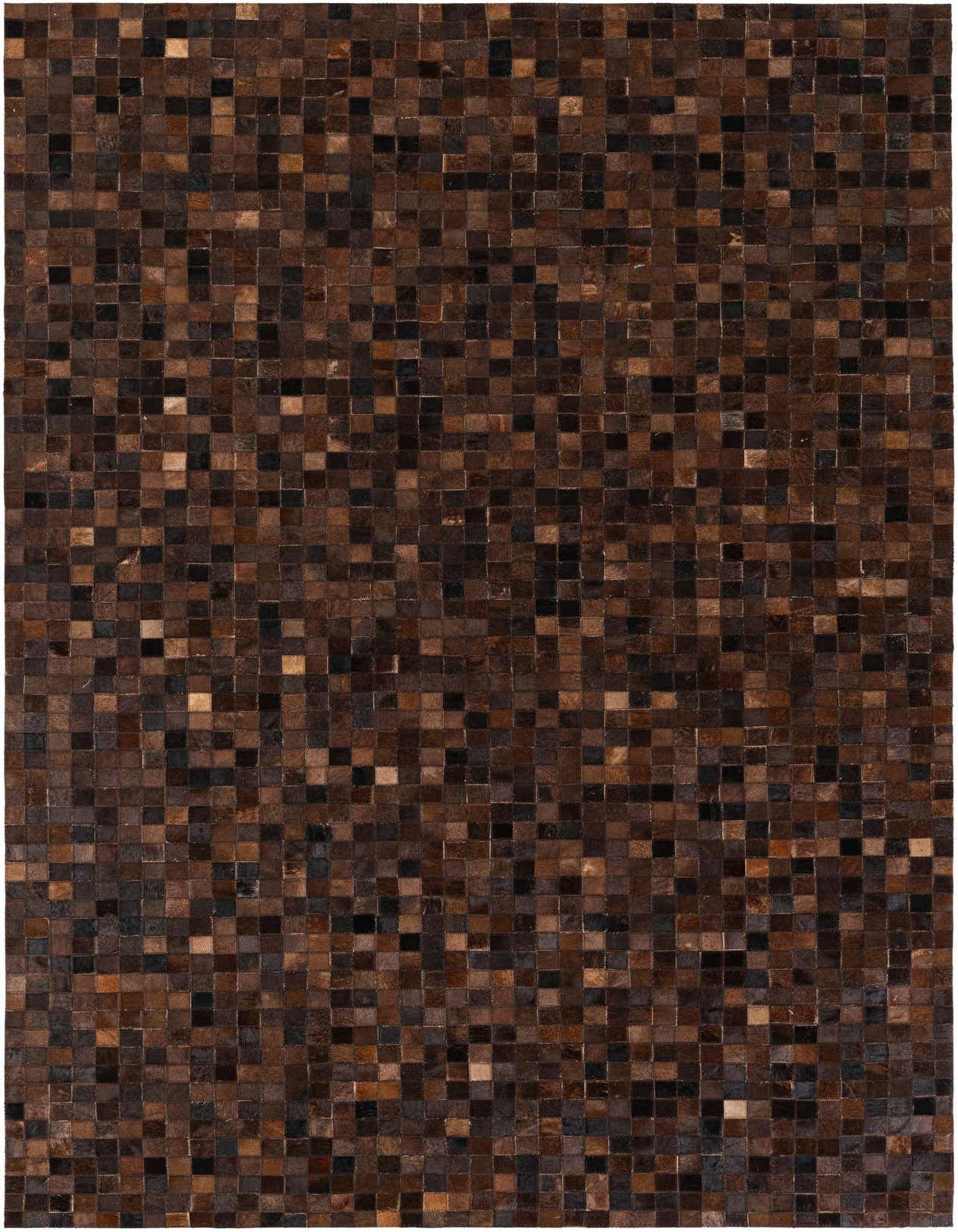 A 5x8 rectangular Cowhide Stocks rug featuring a modern patchwork of varied brown and tan cowhide squares.