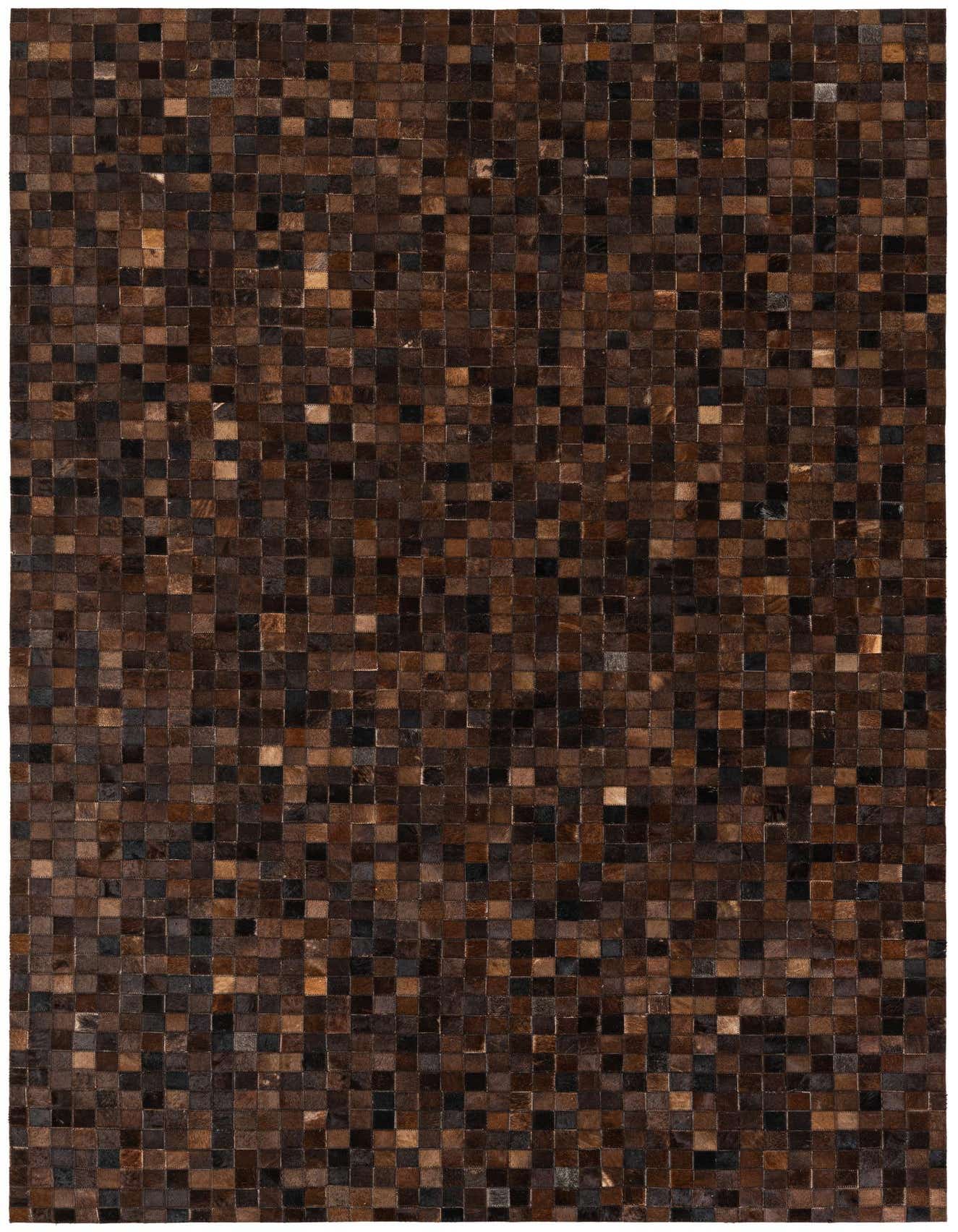 A rectangular 5x8 modern area rug made from small, hand-stitched cowhide and leather squares in varying shades of brown and tan.