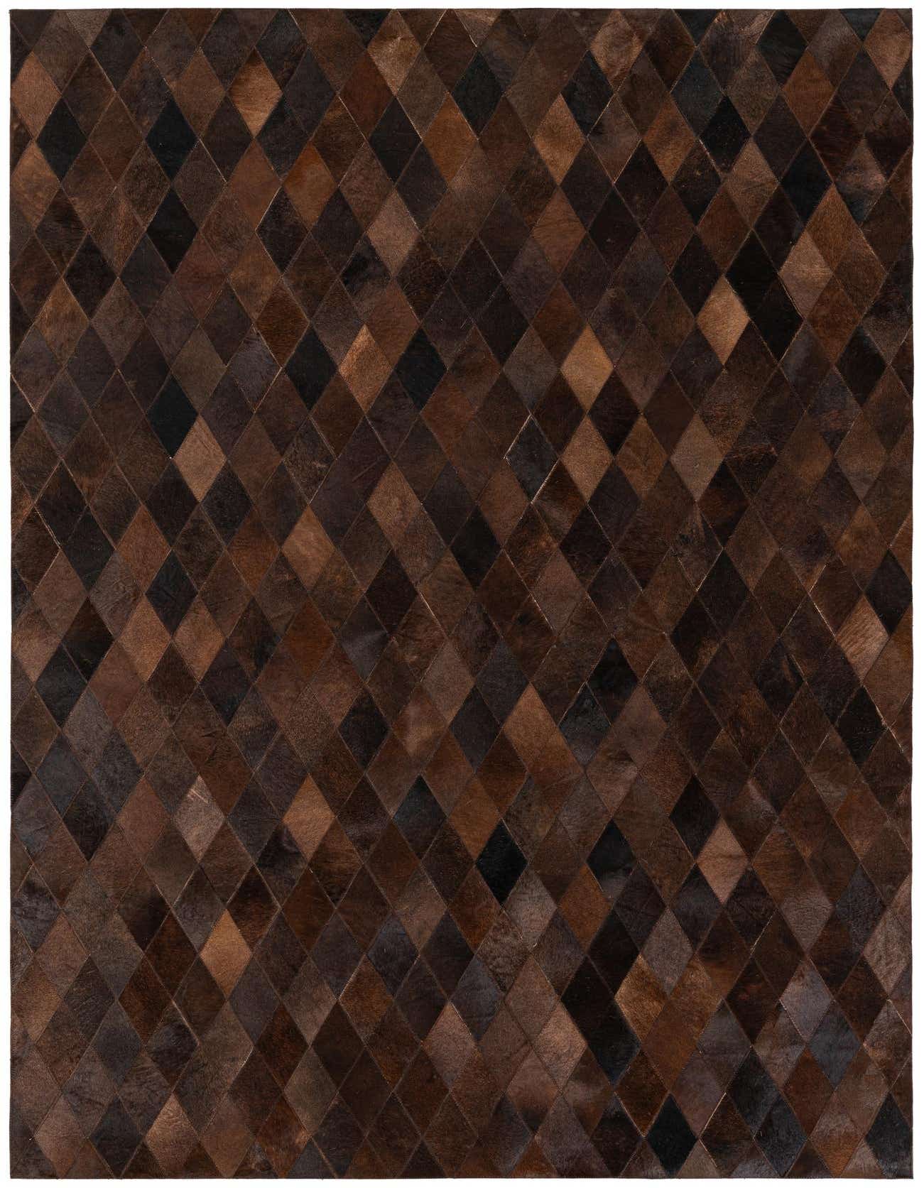 A 5x8 rectangular Cowhide Stocks rug by Rugs.com featuring a modern diamond pattern in varying shades of brown and tan.