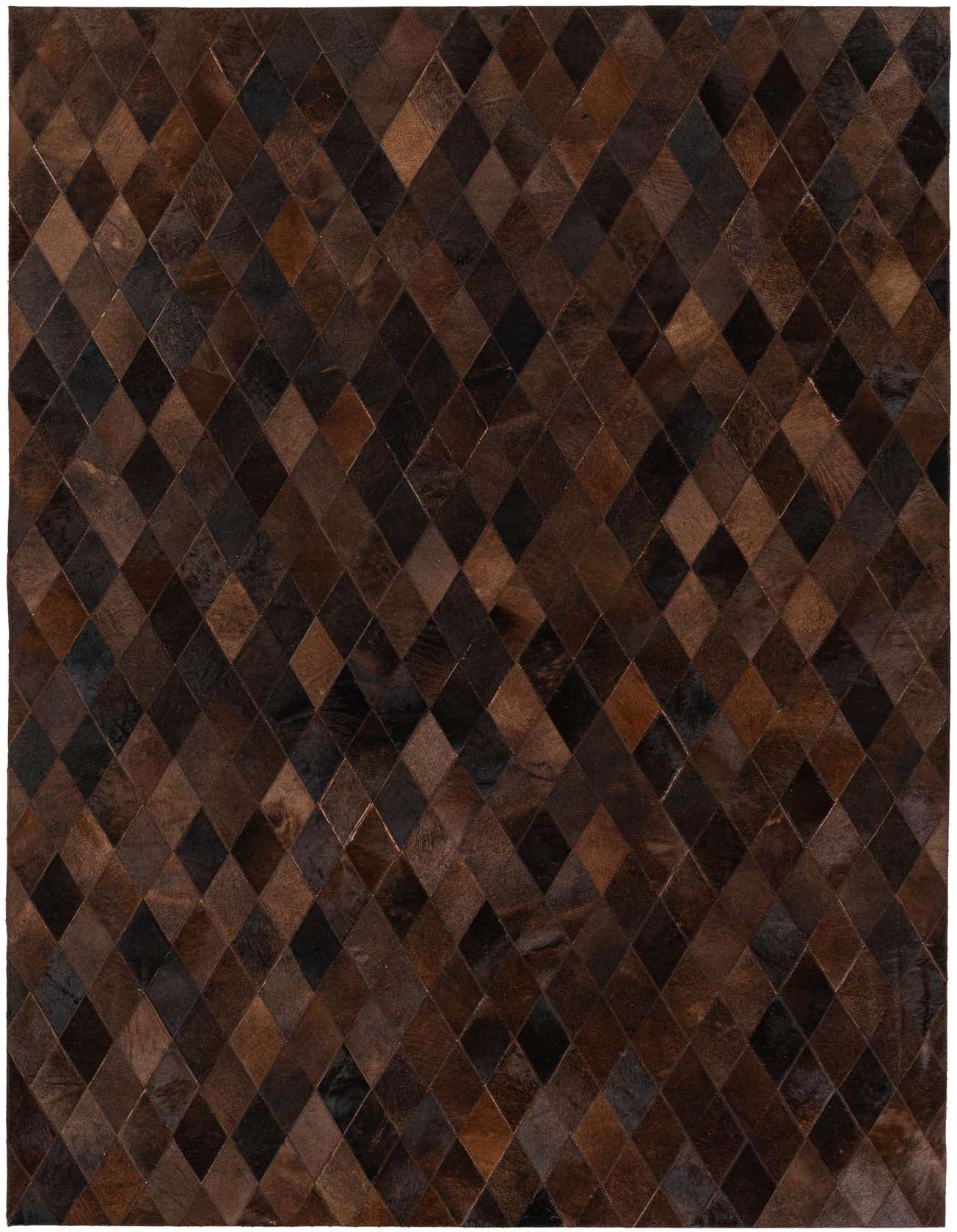 A 5x8 rectangular Cowhide Stocks rug featuring a modern diamond pattern in various shades of brown and tan.