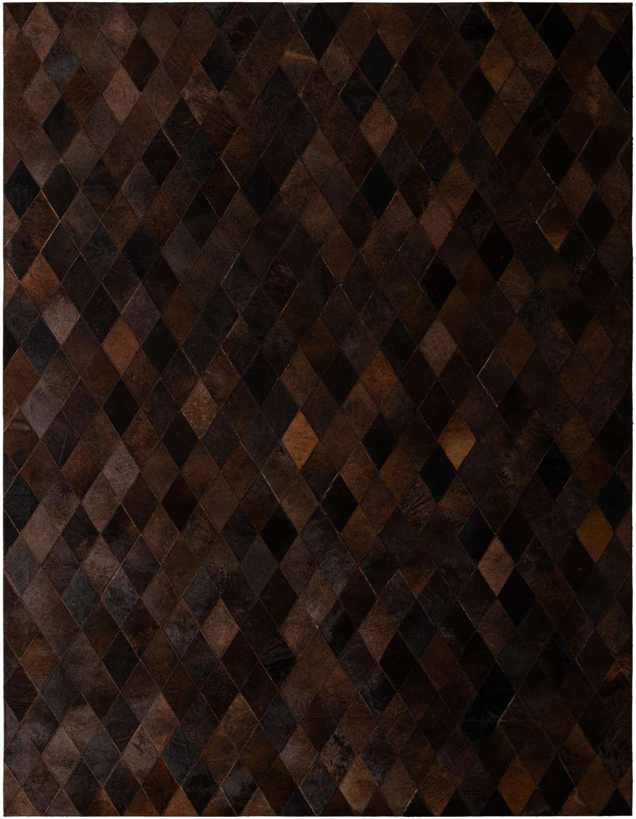 A 5x8 rectangular Cowhide Stocks rug by Rugs.com, featuring a modern diamond pattern in varying shades of brown and tan, suitable for a living room.
