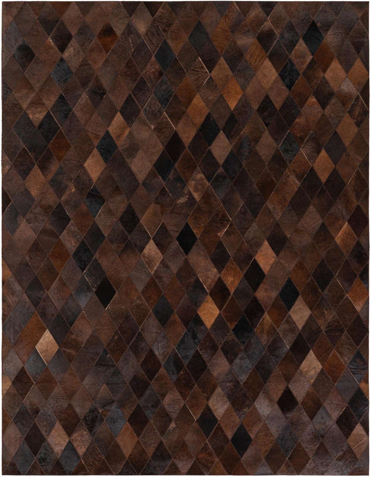A 5x8 rectangular Cowhide Stocks rug featuring a modern diamond pattern in various shades of brown and tan.