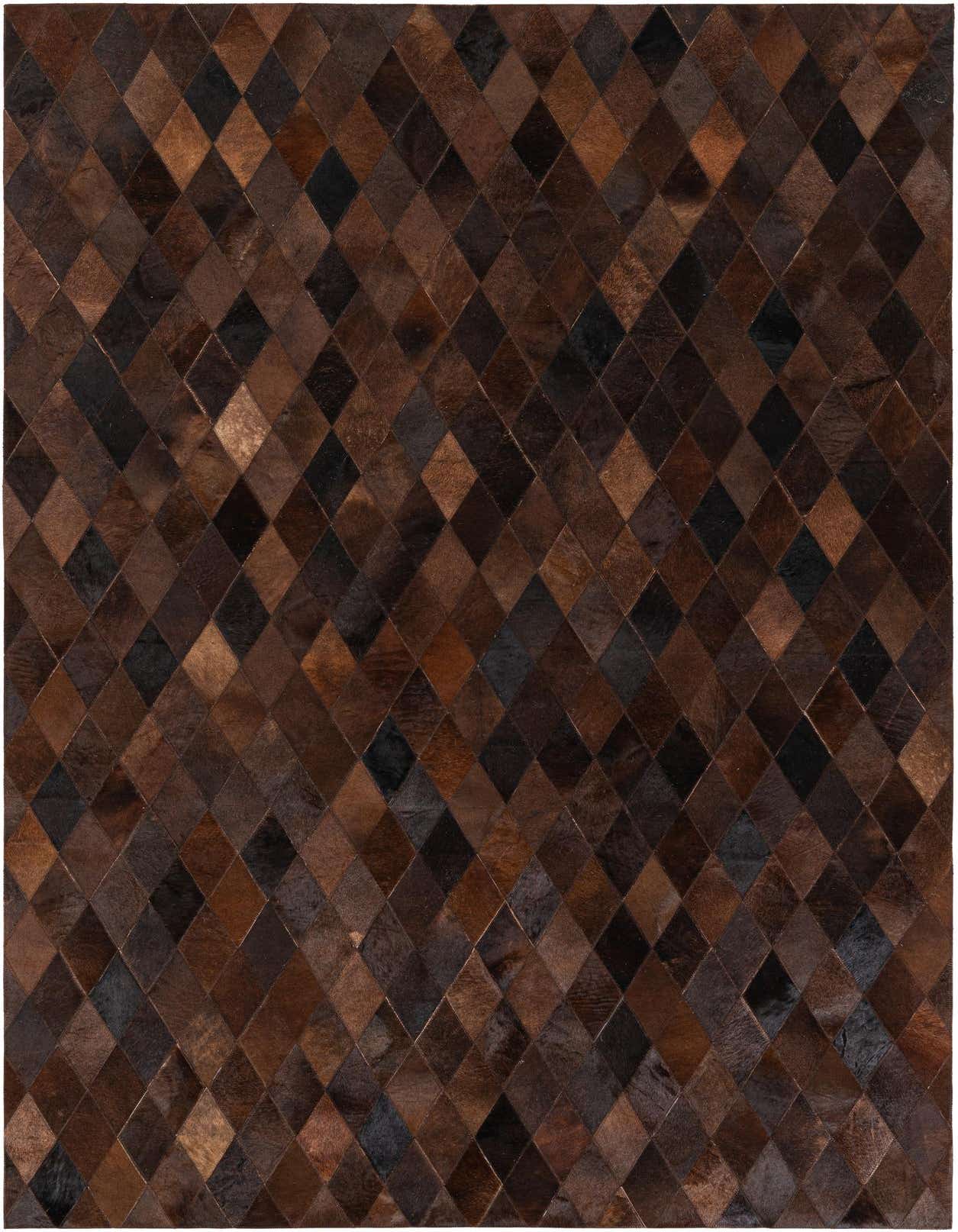 A 5x8 rectangular Cowhide Stocks rug featuring a modern diamond pattern in various shades of brown and tan.