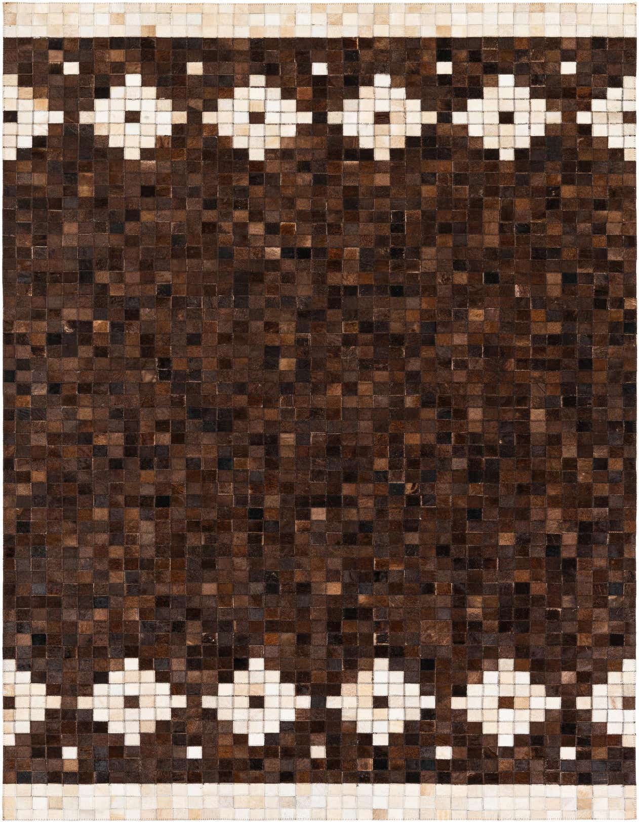 A rectangular 5x8 Cowhide Stocks rug featuring a modern pattern of brown and tan patchwork squares with white geometric borders.