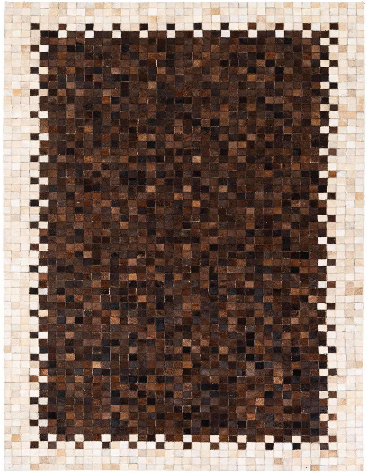 A 5x8 rectangular Cowhide Stocks rug featuring a patchwork geometric pattern in varying shades of brown and tan, with a lighter tan border.