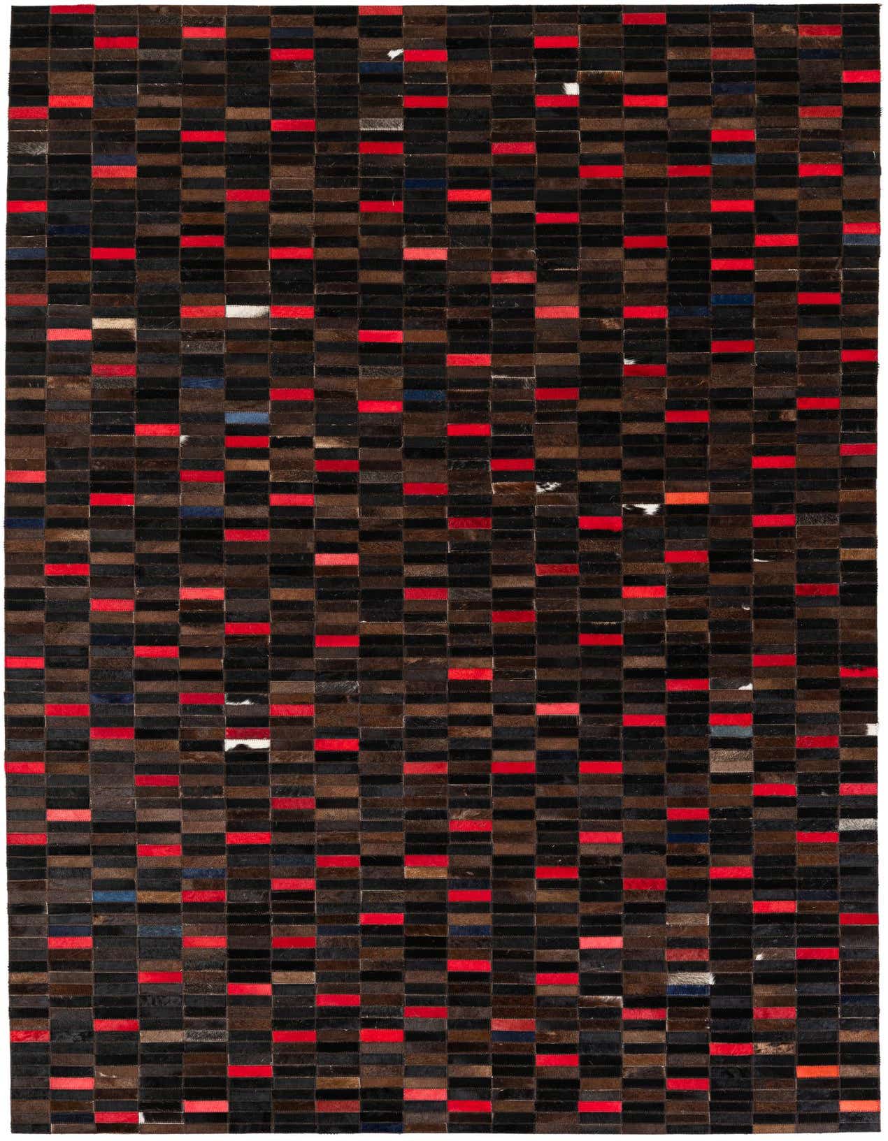 A 5x8 rectangular Cowhide Stocks rug featuring a modern patchwork of brown, tan, black, and red cowhide squares, ideal for a living room.