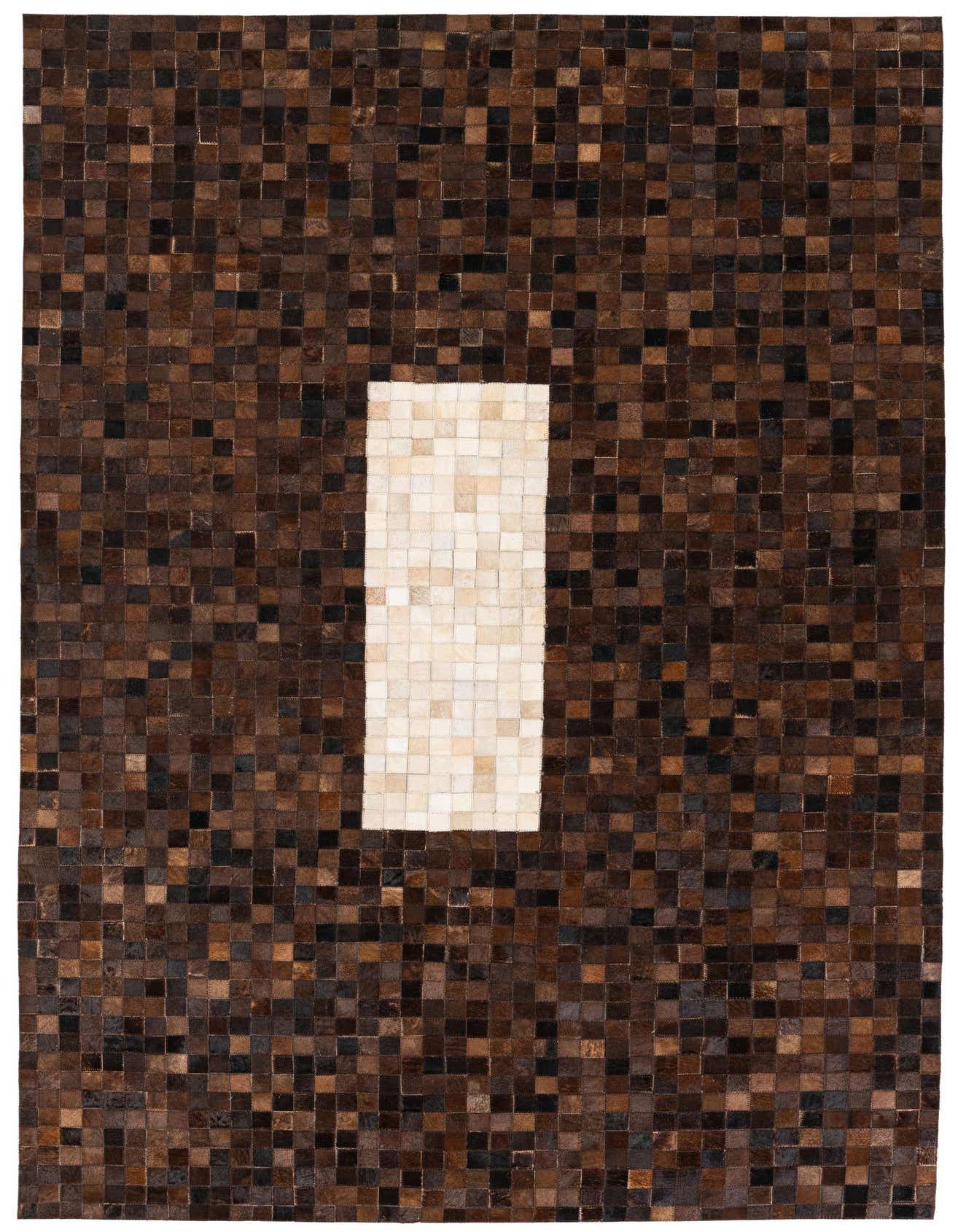 A 5x8 rectangular Cowhide Stocks rug featuring a modern patchwork of brown and tan squares with a central cream-colored rectangular block.