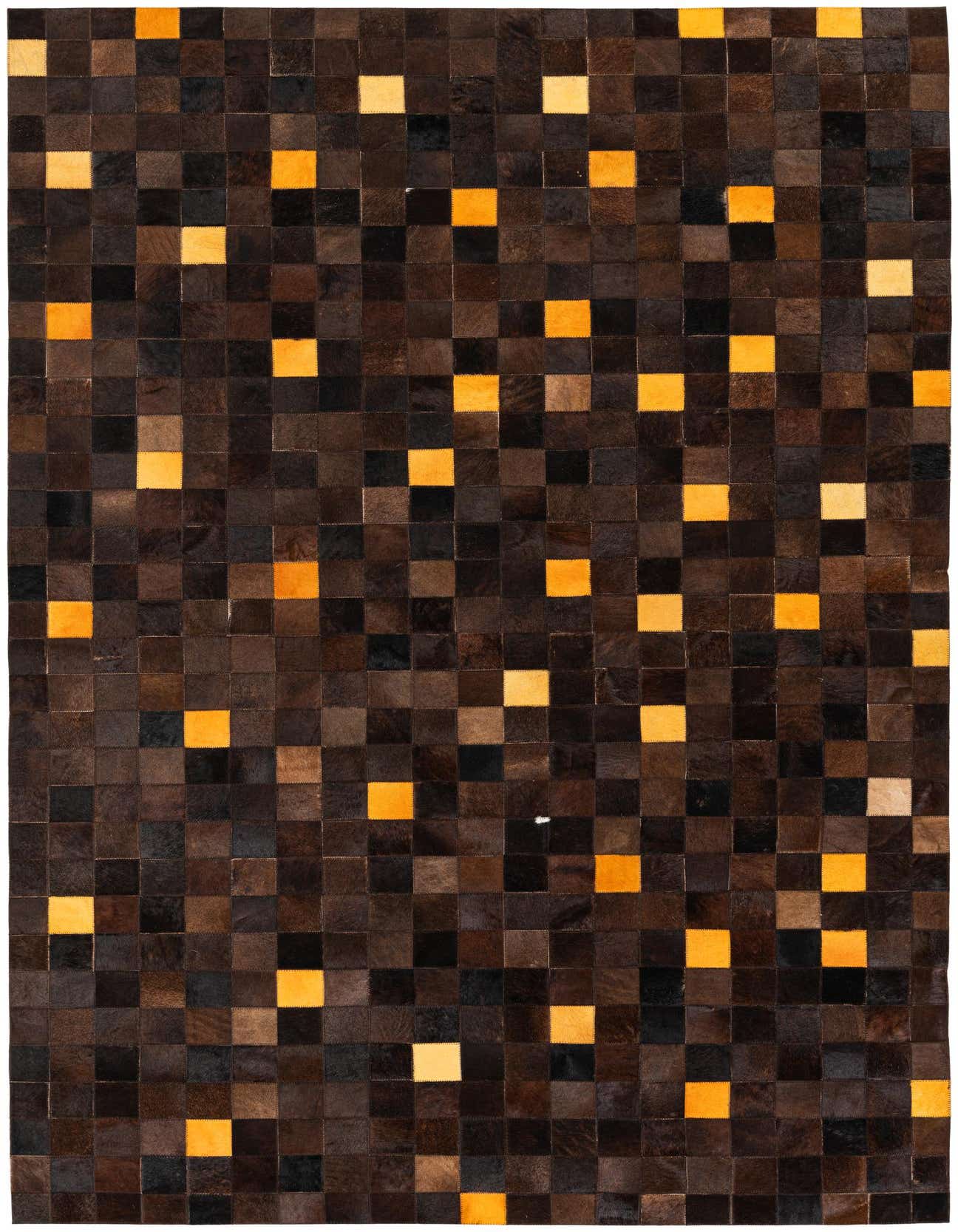A 5x8 rectangular Cowhide Stocks rug featuring a modern patchwork of dark brown and tan cowhide squares, with some squares in a vibrant golden-tan.