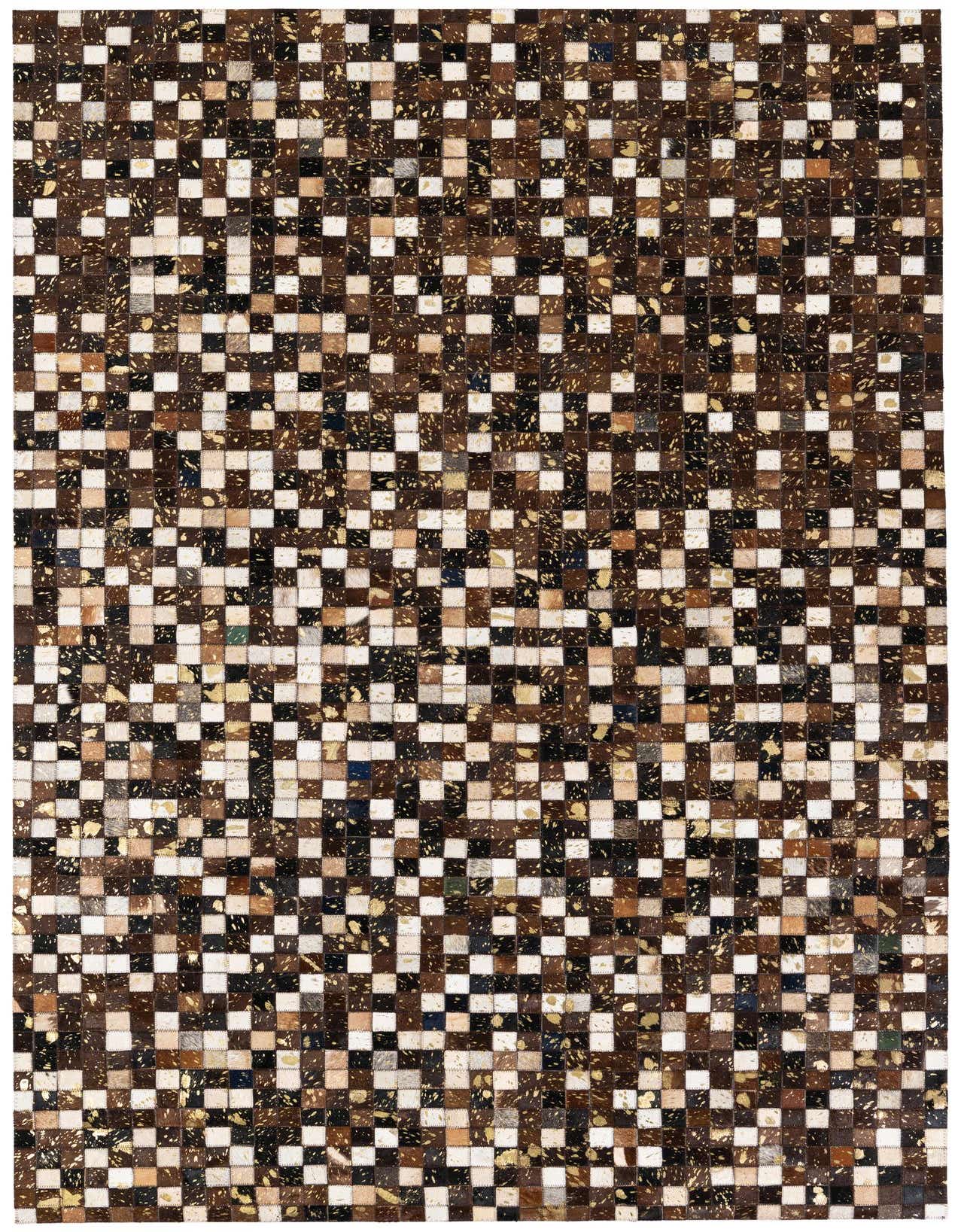A rectangular 5x8 modern cowhide rug featuring a checkerboard pattern of brown, tan, and white squares with gold speckles.