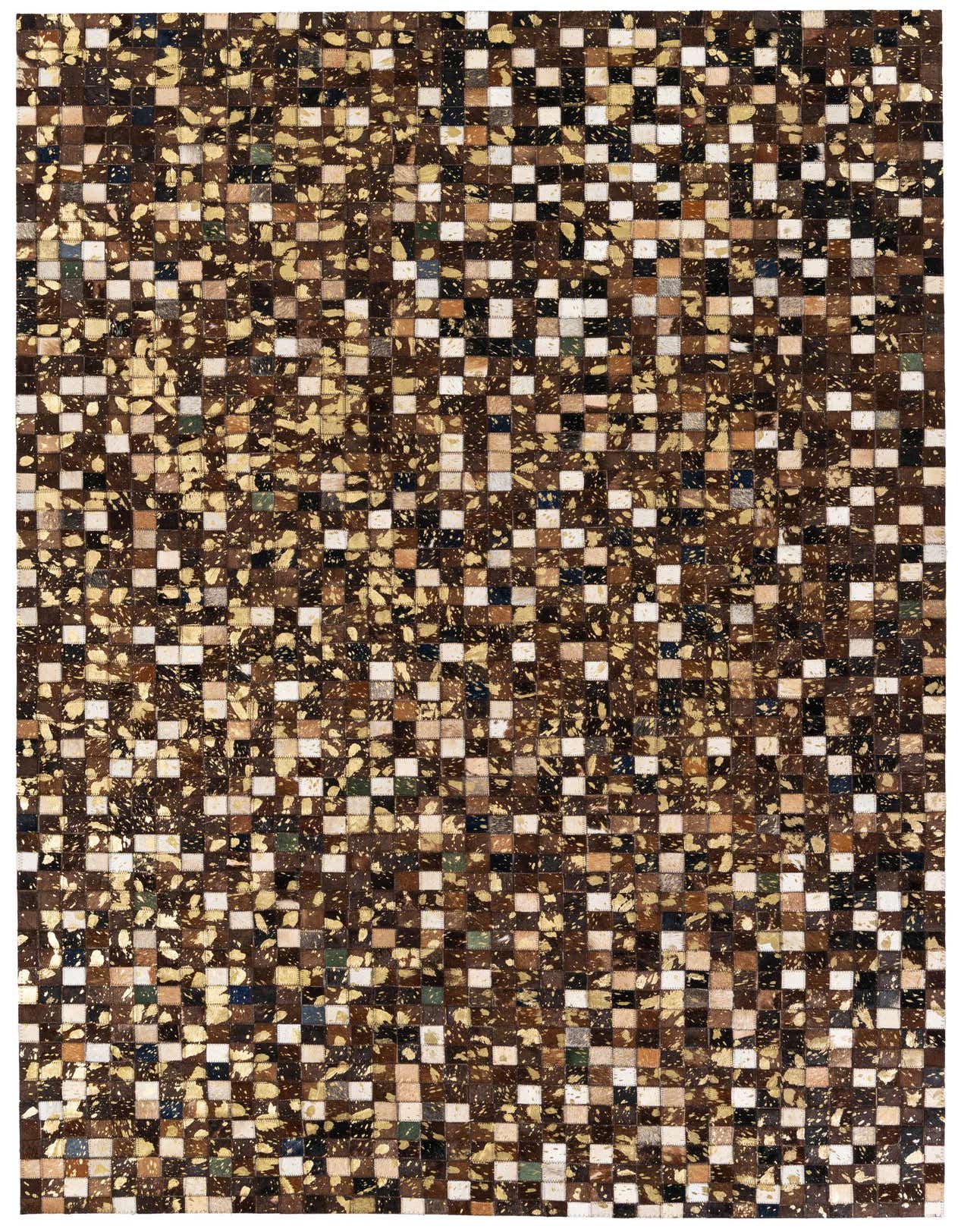 A rectangular 5x8 modern cowhide rug featuring a checkerboard pattern of brown, tan, and white squares with gold metallic accents.