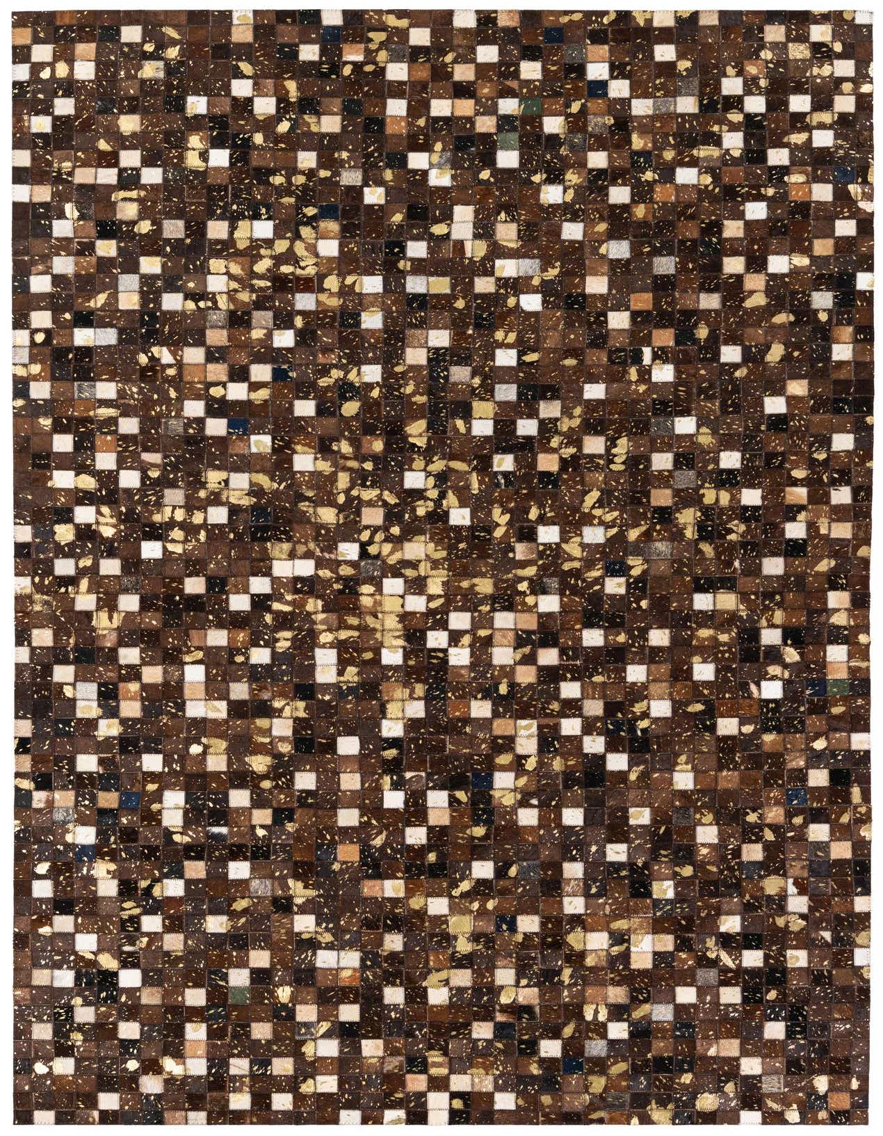 A 5x8 rectangular Cowhide Stocks rug featuring a modern patchwork of brown, tan, and white squares with gold speckles.