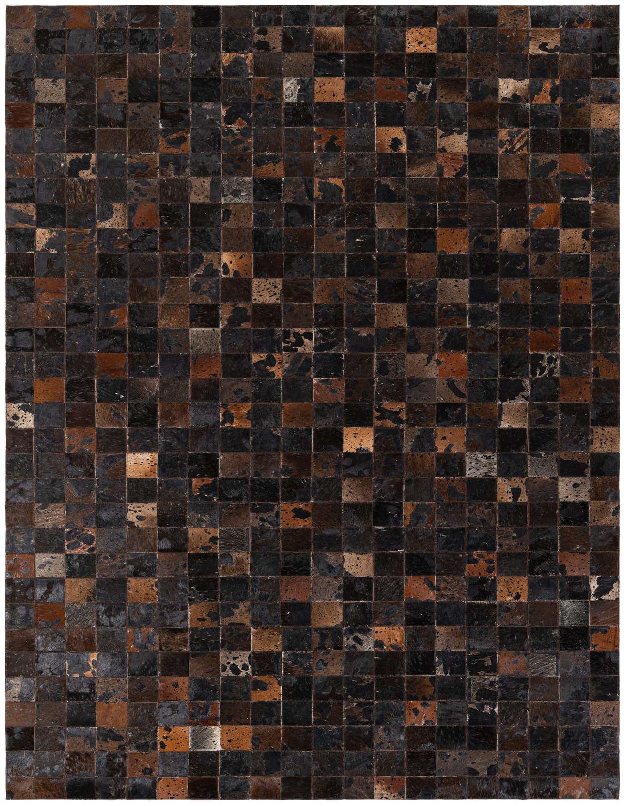 A 5x8 rectangular Cowhide Stocks rug featuring a modern patchwork of brown and tan cowhide squares, perfect for a living room.