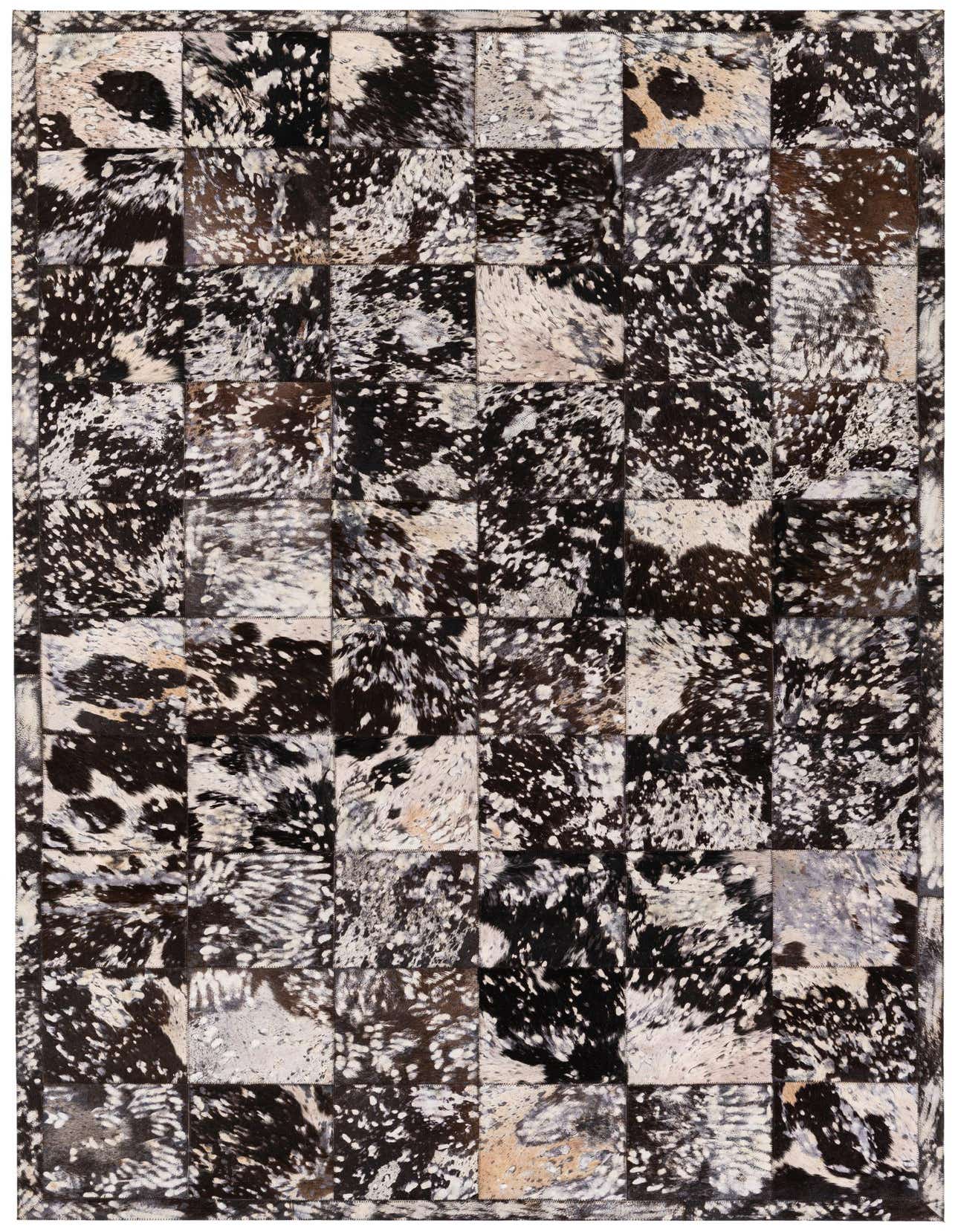 A 5x8 rectangular Cowhide Stocks rug featuring a modern patchwork of brown, tan, and white cowhide squares.